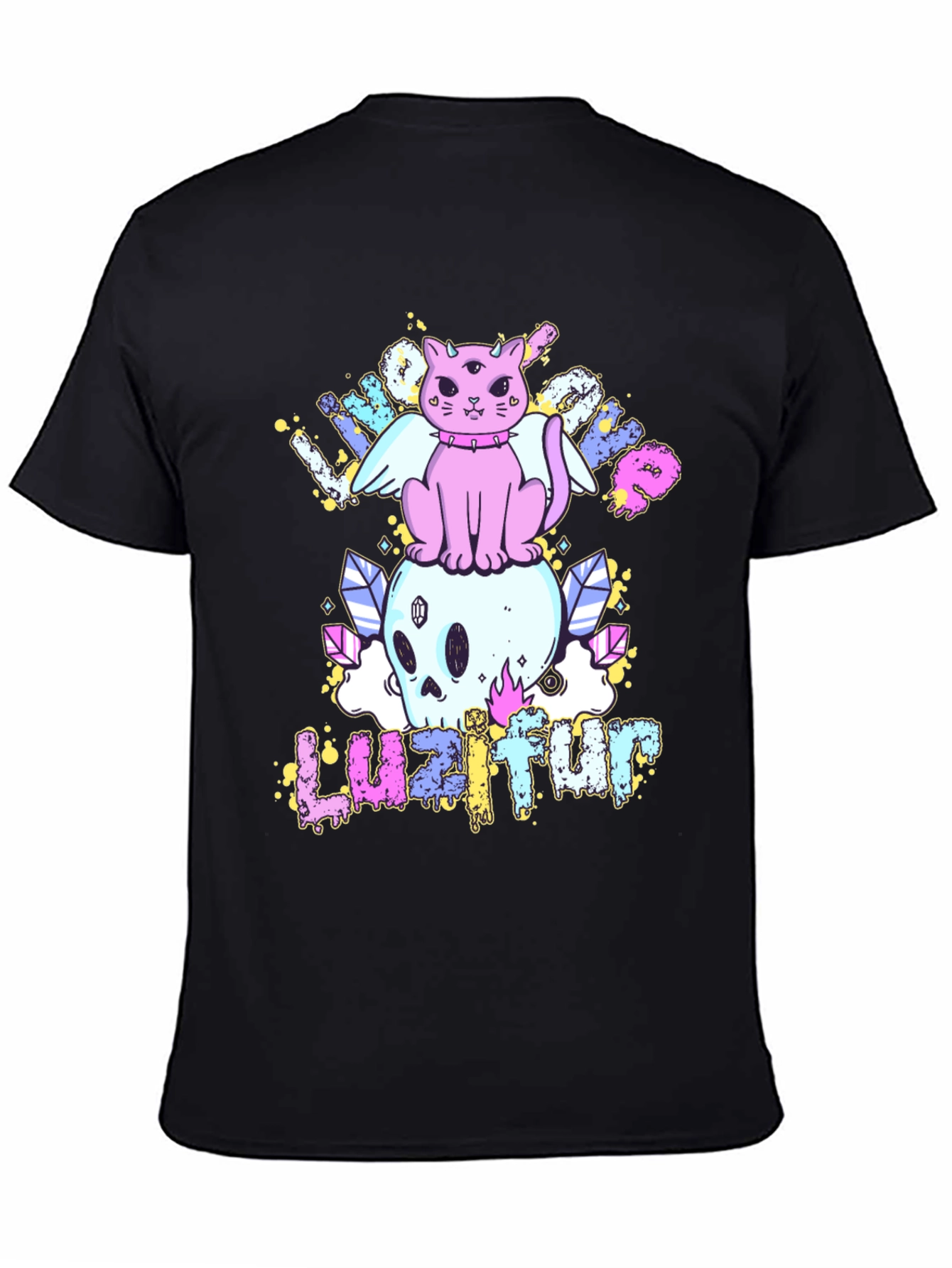 Cute Cat Skull Graphic Tee - Black Cotton Shirt