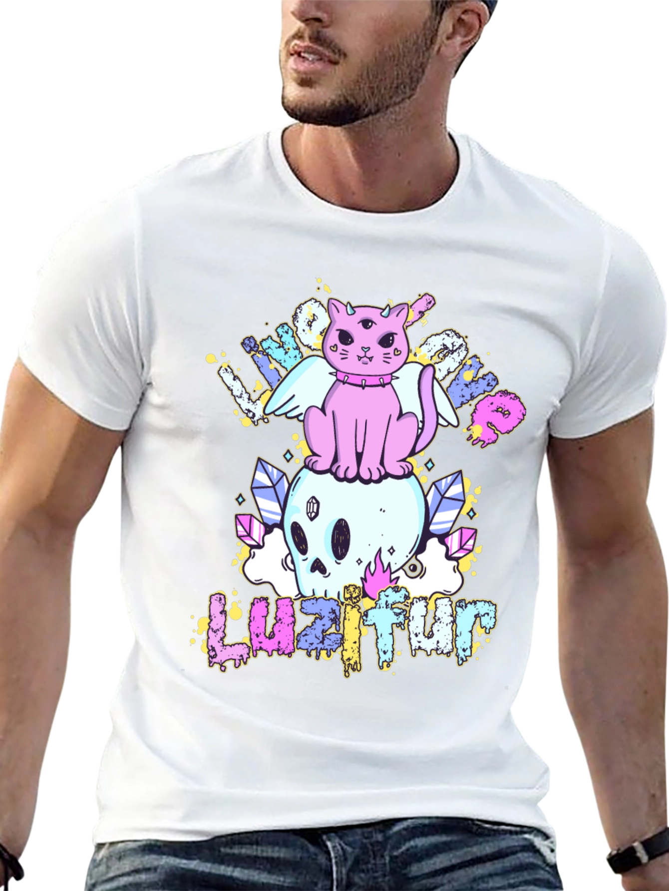 Cute Cat Skull Graphic Tee - Black Cotton Shirt