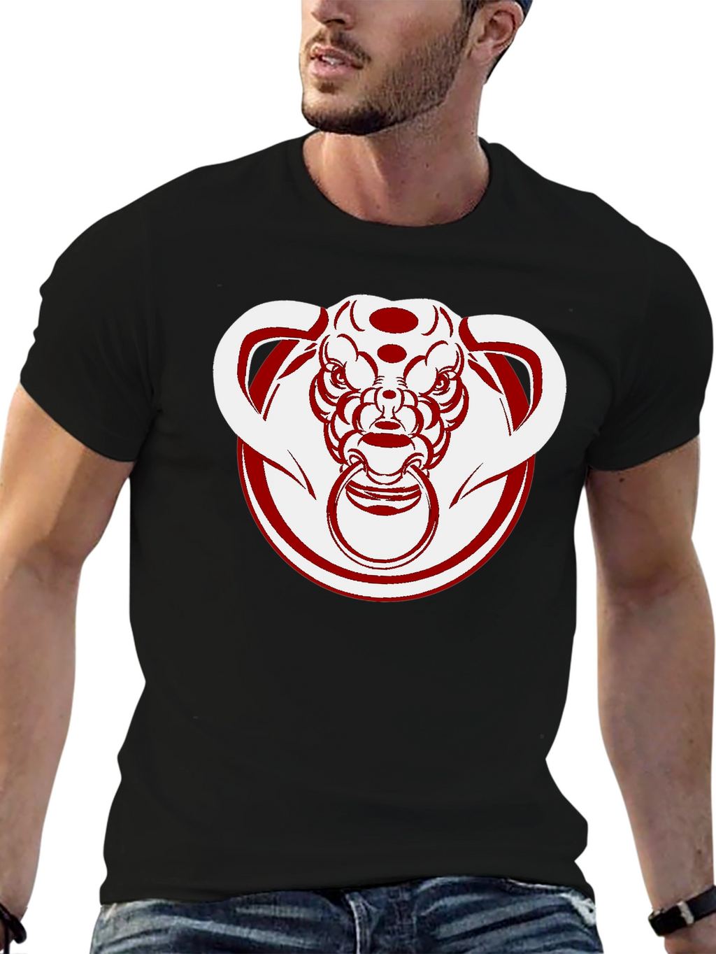 Unique Bull Head Graphic Tee - Black Cotton