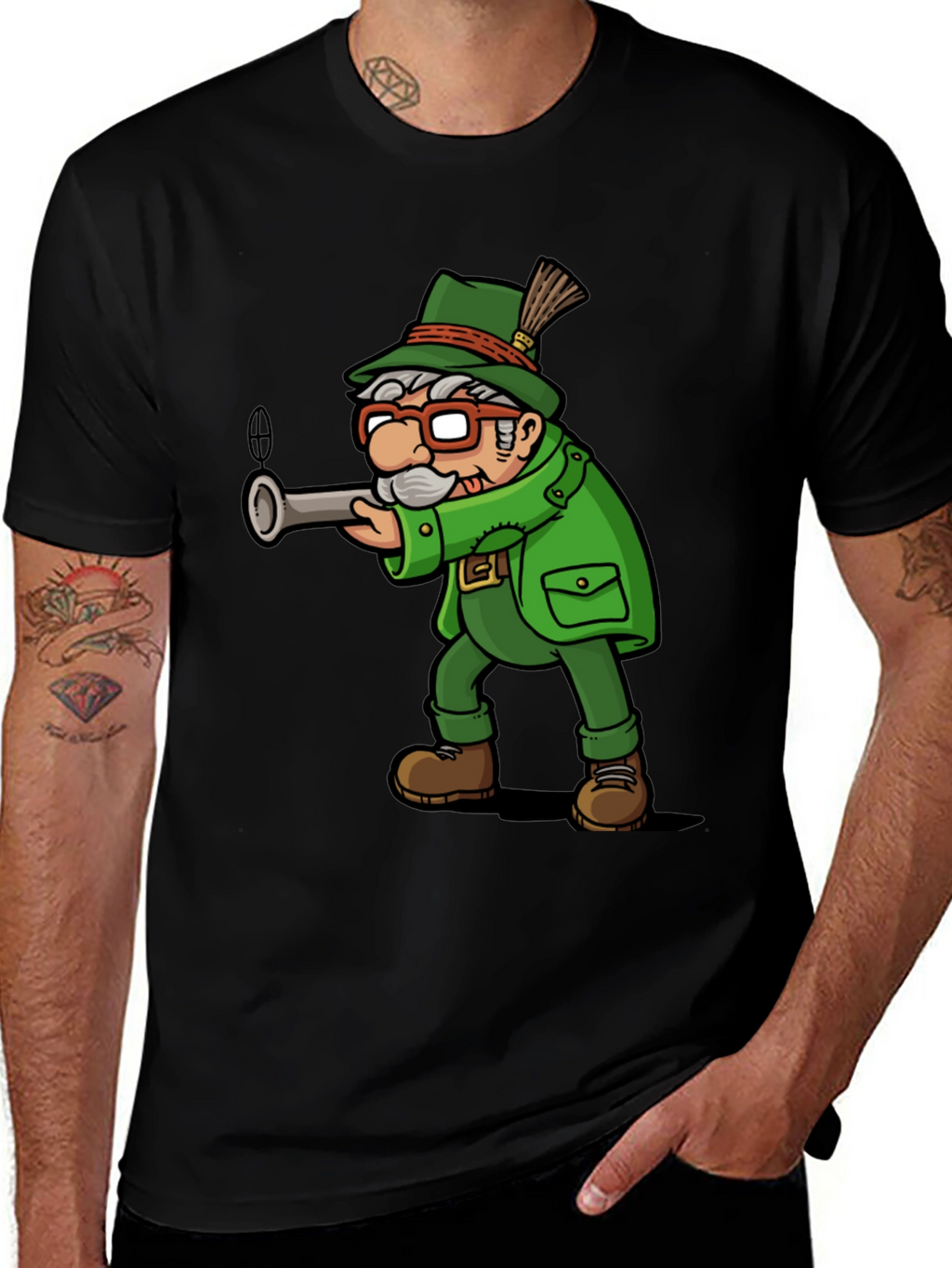Cartoon Hunter Graphic Tee - Black Cotton Blend
