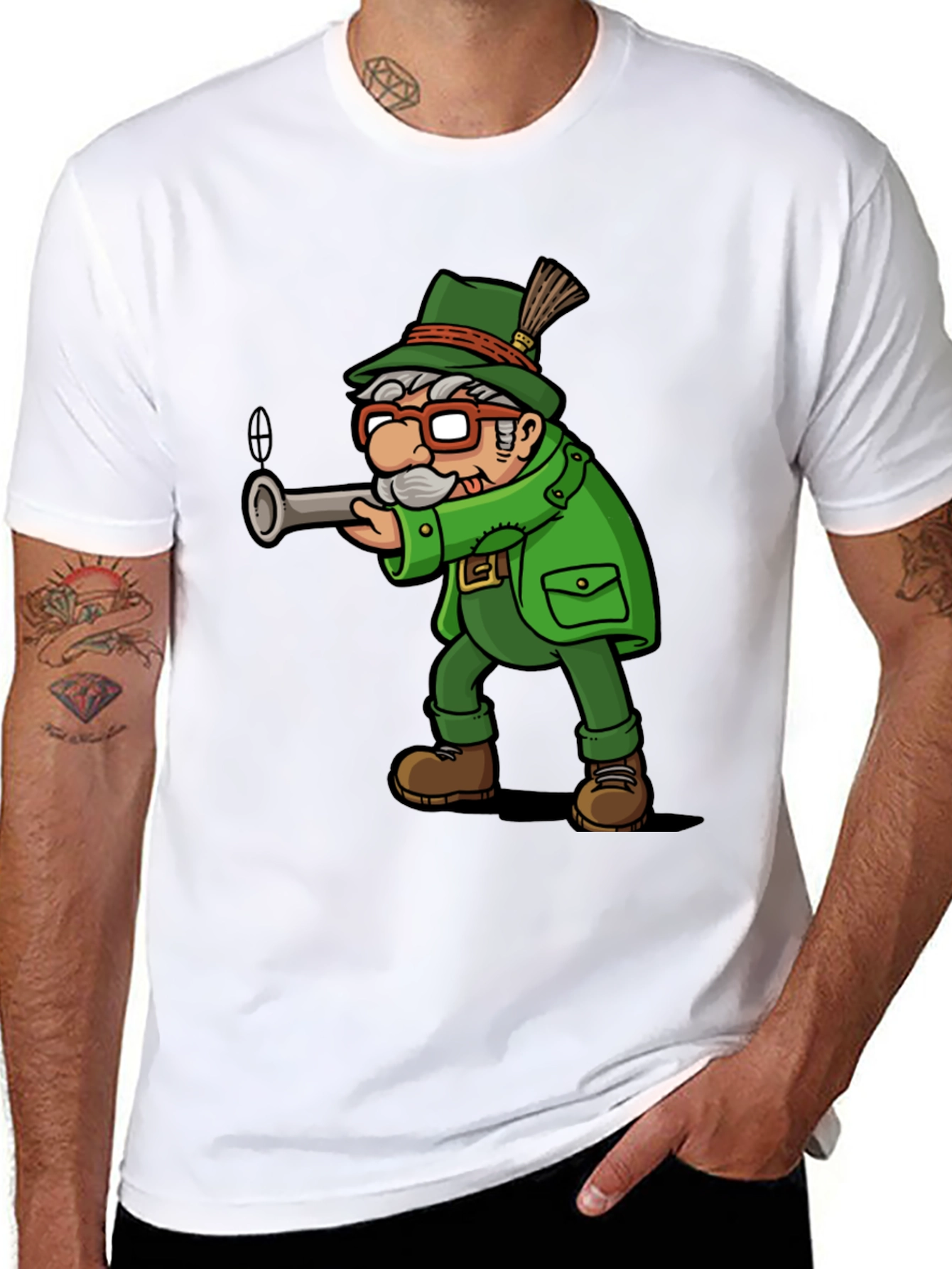 Cartoon Hunter Graphic Tee - Black Cotton Blend