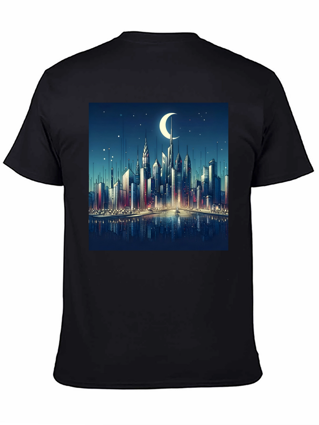 Cityscape Moon Graphic Tee - Black Cotton Casual Shirt