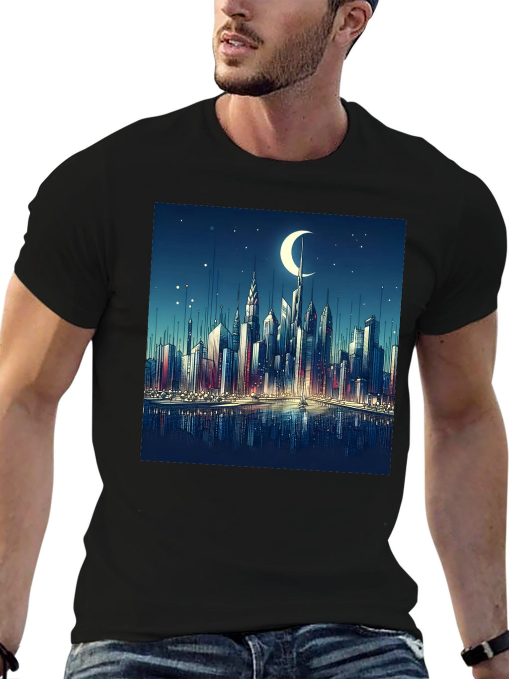 Cityscape Moon Graphic Tee - Black Cotton Casual Shirt