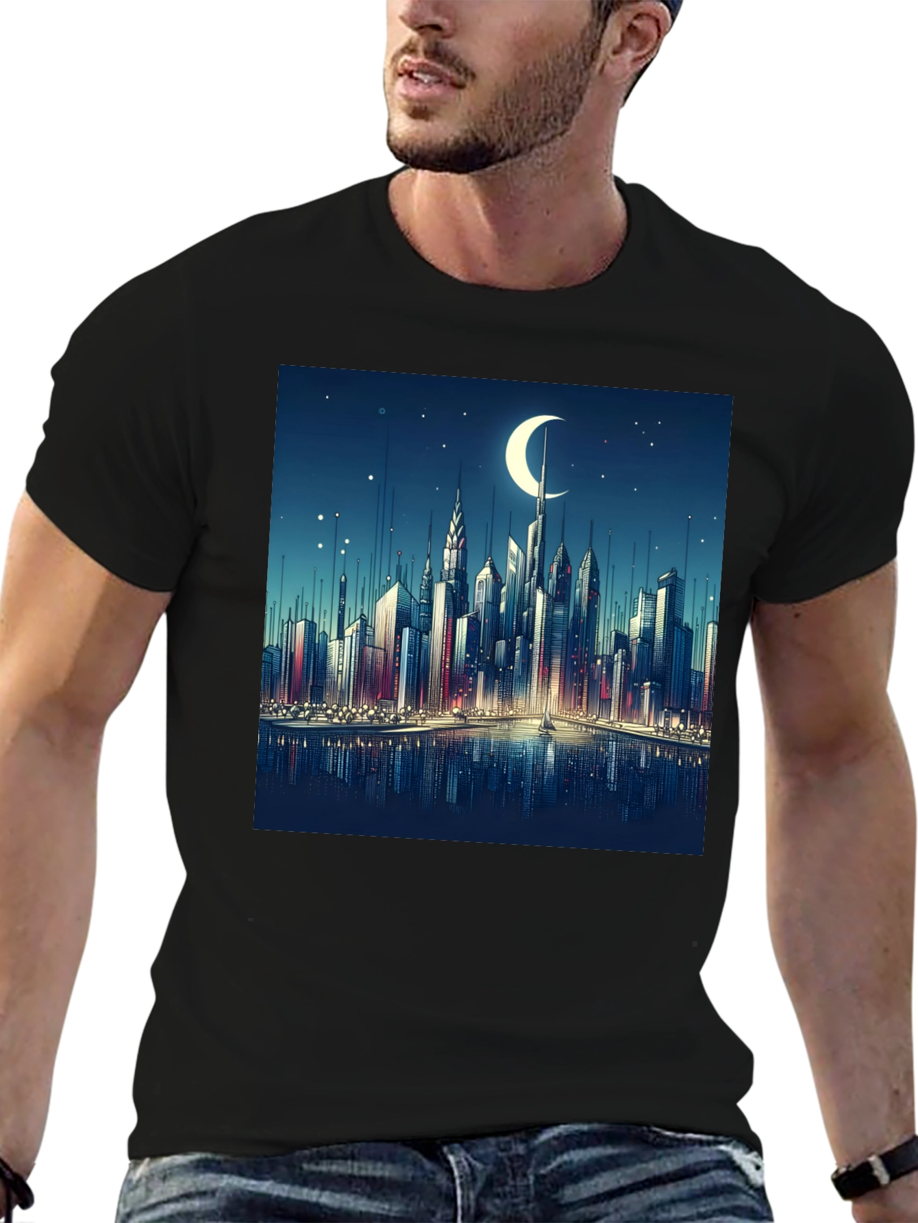 Cityscape Moon Graphic Tee - Black Cotton Casual Shirt