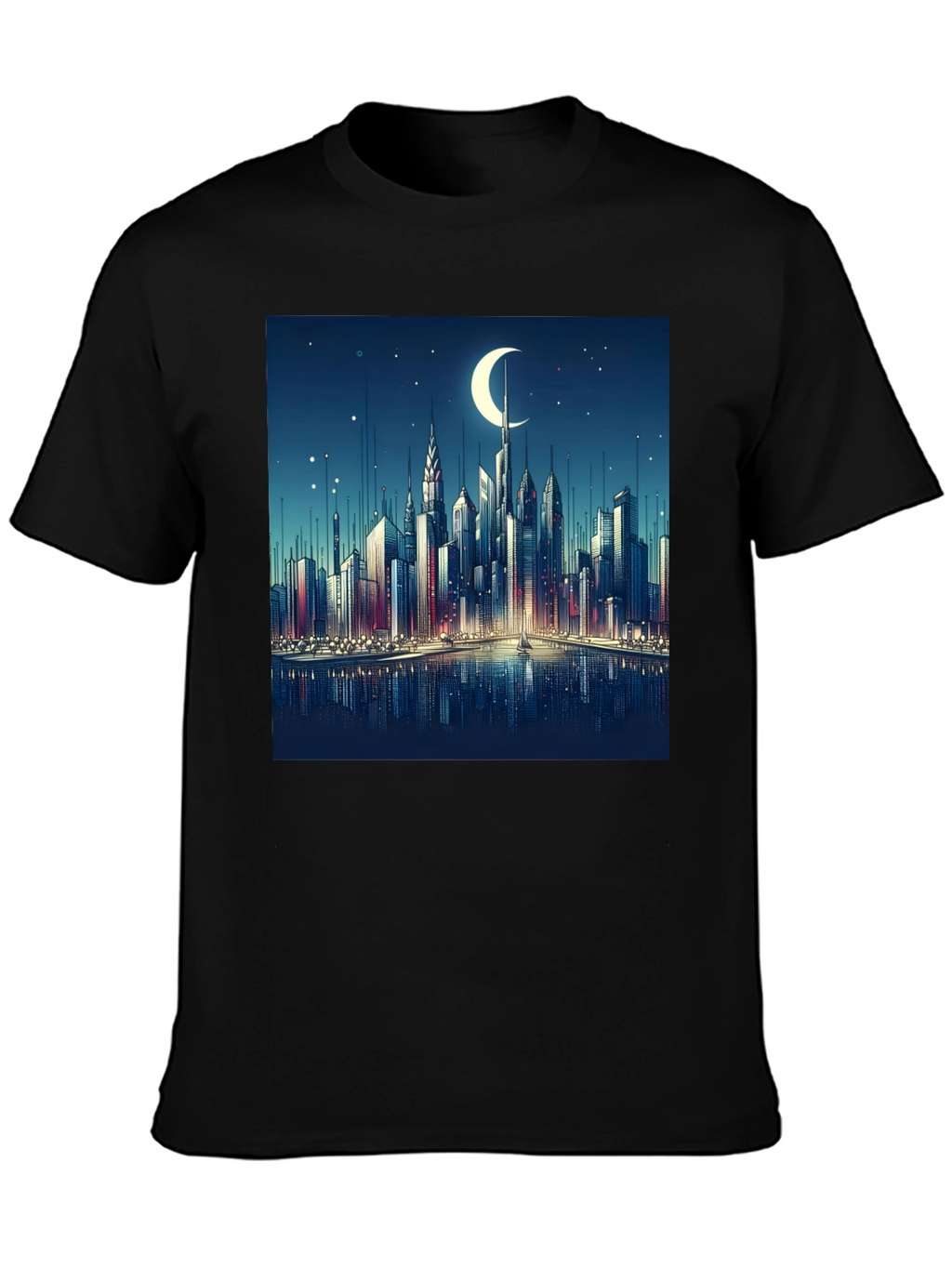 Cityscape Moon Graphic Tee - Black Cotton Casual Shirt