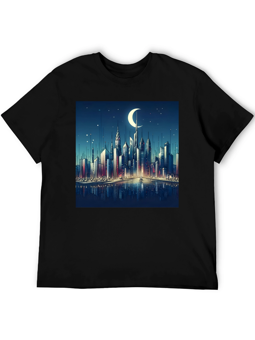 Cityscape Moon Graphic Tee - Black Cotton Casual Shirt