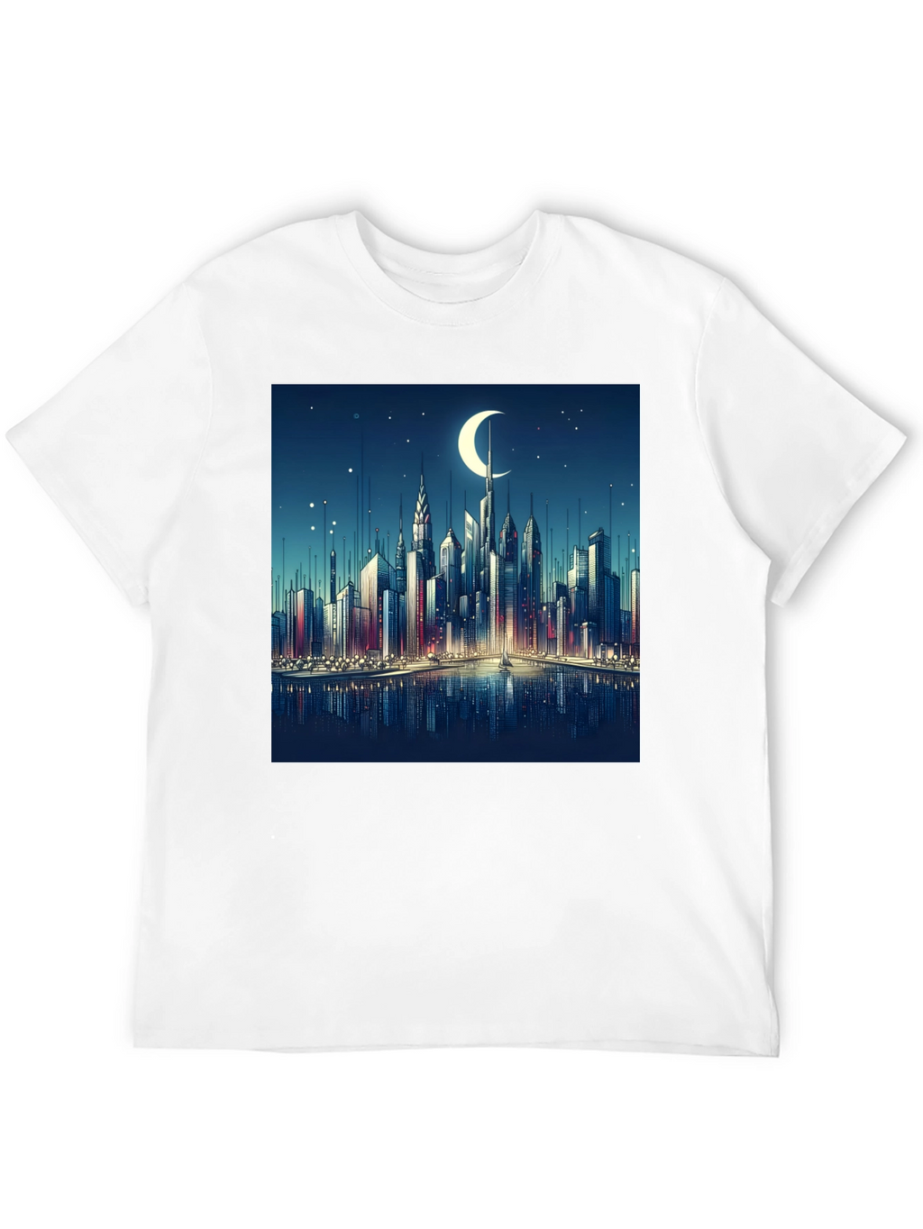 Cityscape Moon Graphic Tee - Black Cotton Casual Shirt
