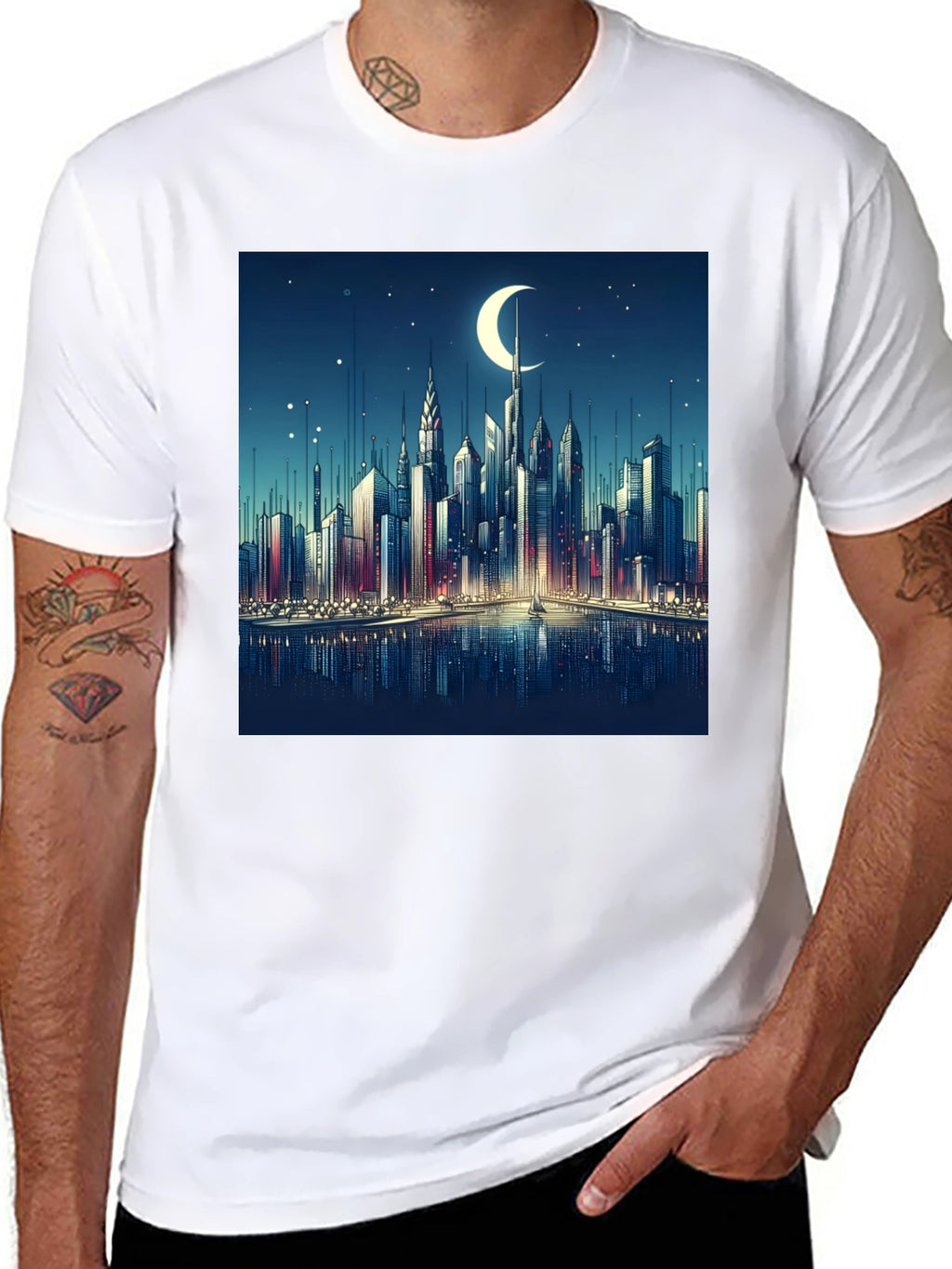 Cityscape Moon Graphic Tee - Black Cotton Casual Shirt