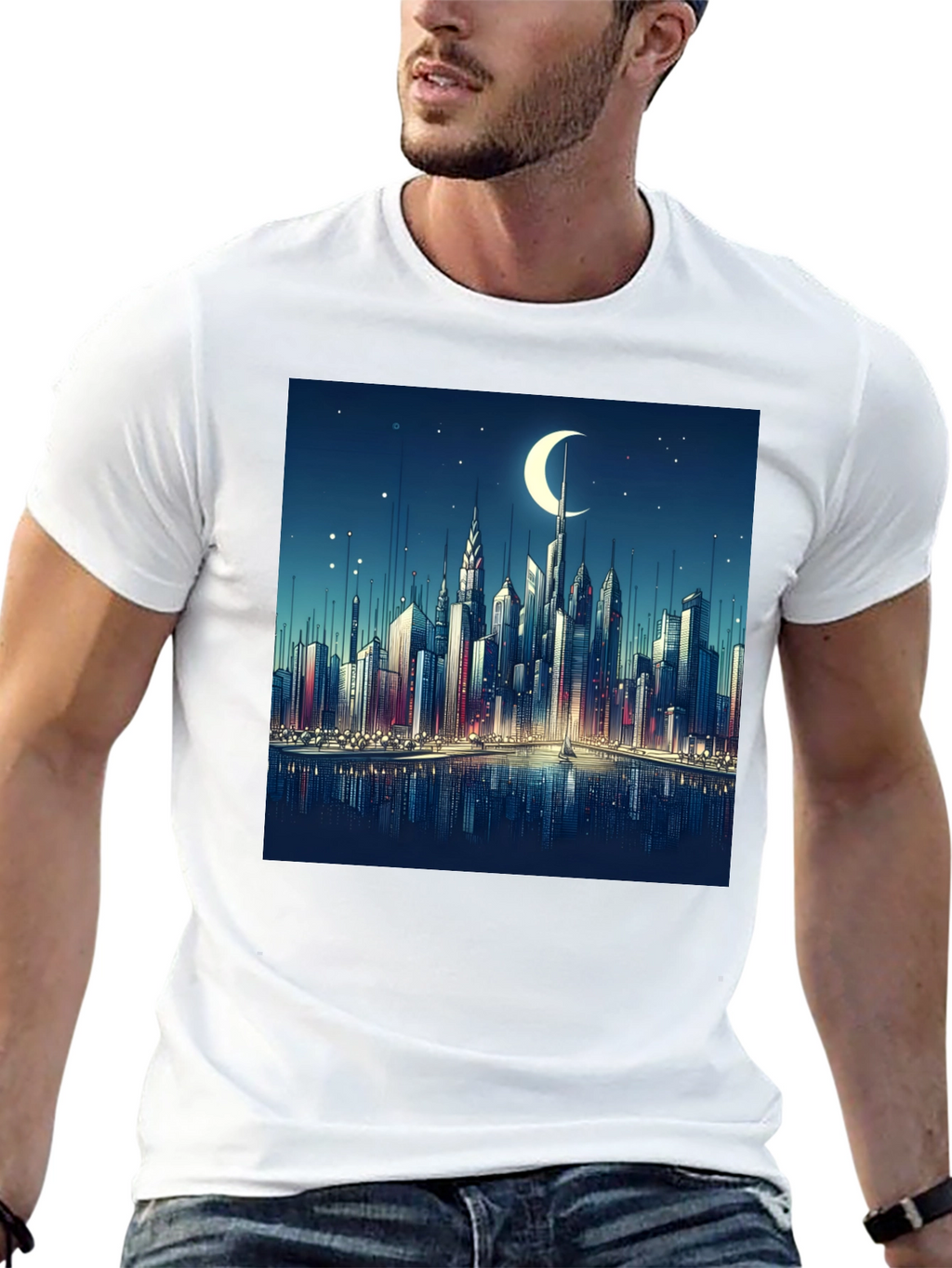 Cityscape Moon Graphic Tee - Black Cotton Casual Shirt