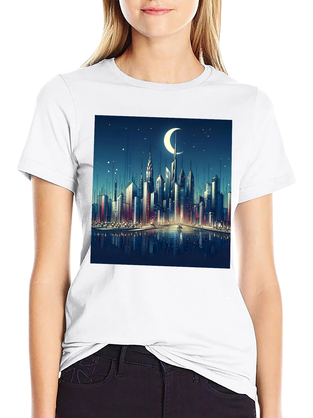 Cityscape Moon Graphic Tee - Black Cotton Casual Shirt