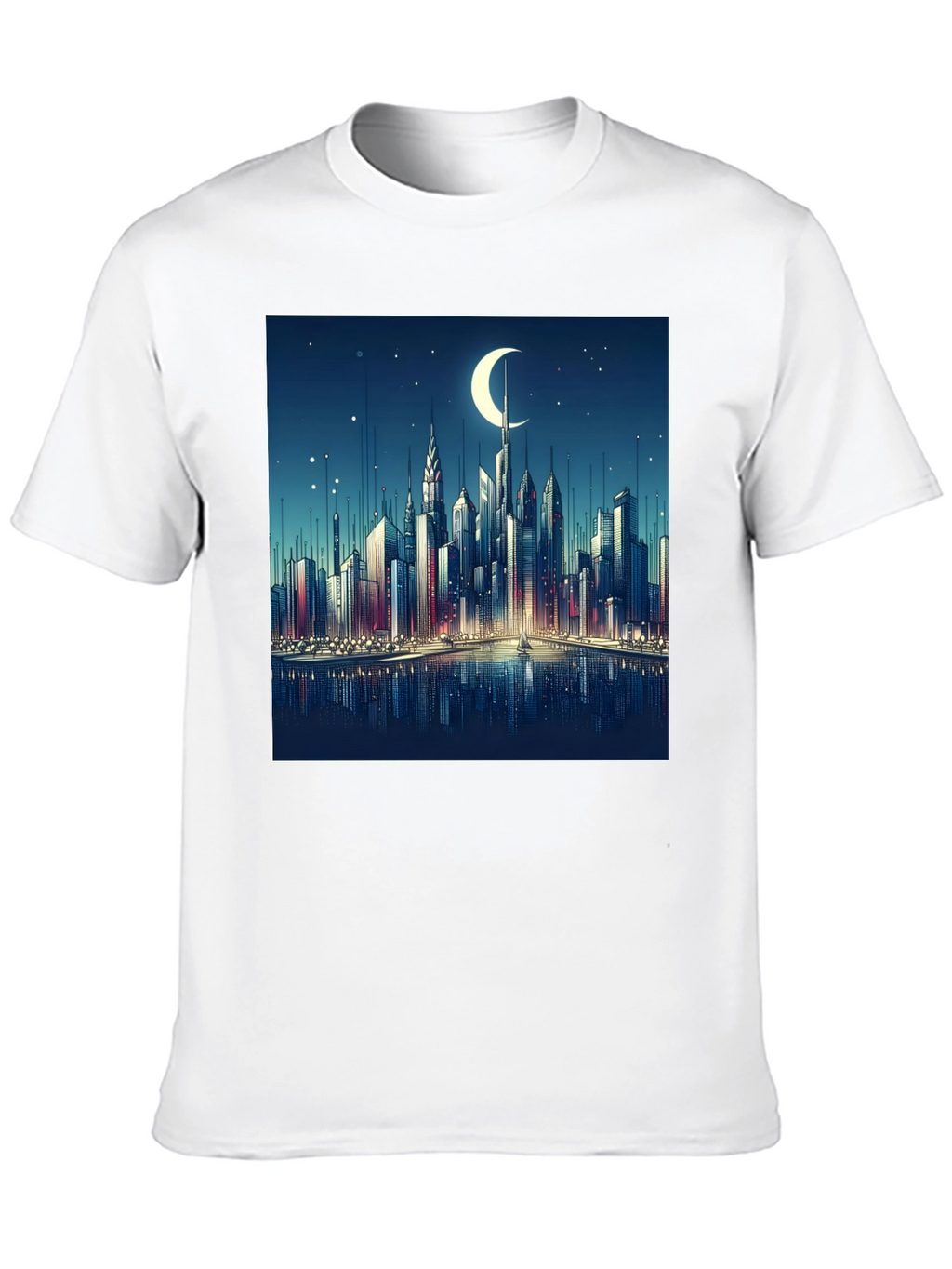 Cityscape Moon Graphic Tee - Black Cotton Casual Shirt