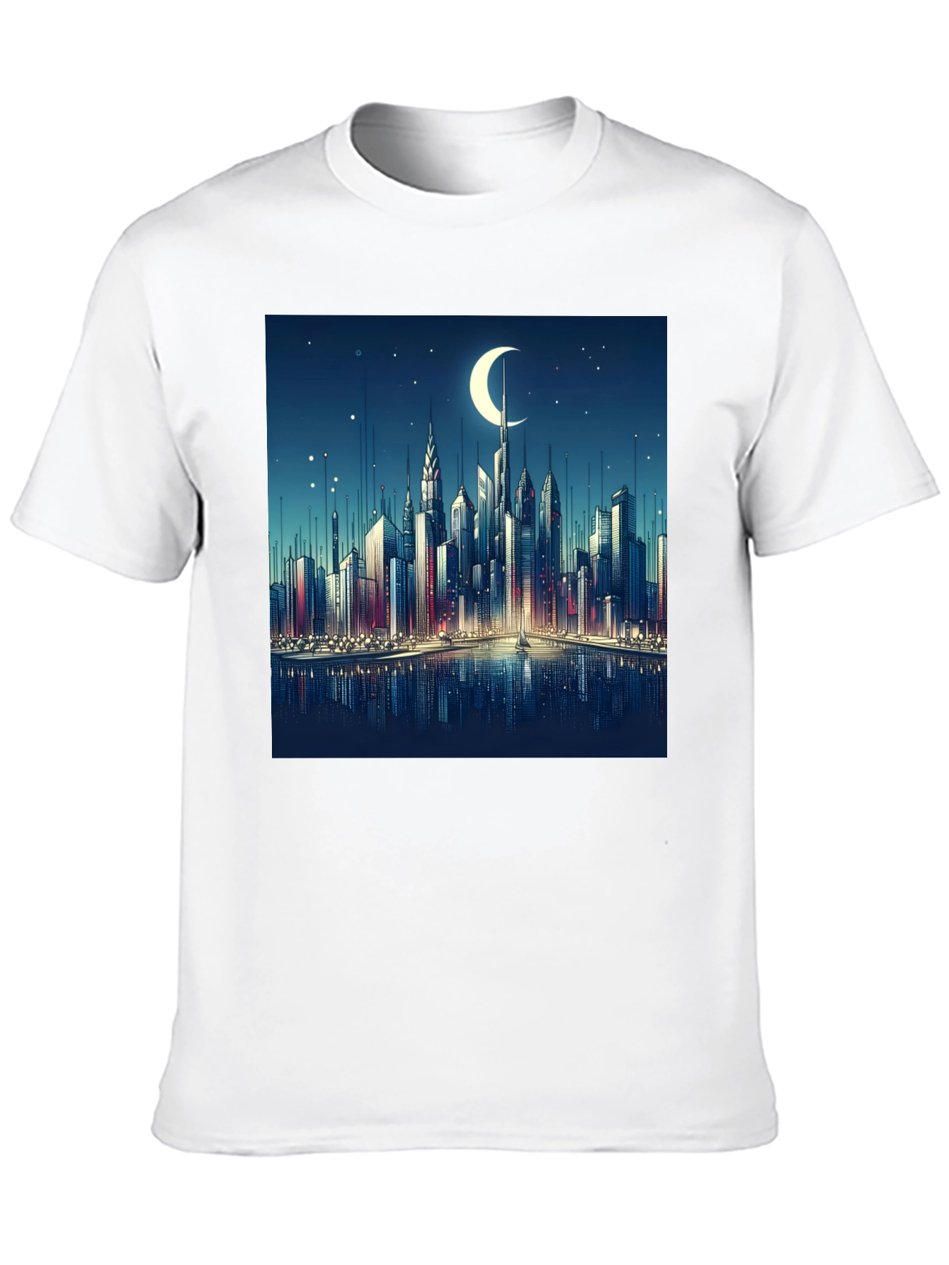 Cityscape Moon Graphic Tee - Black Cotton Casual Shirt