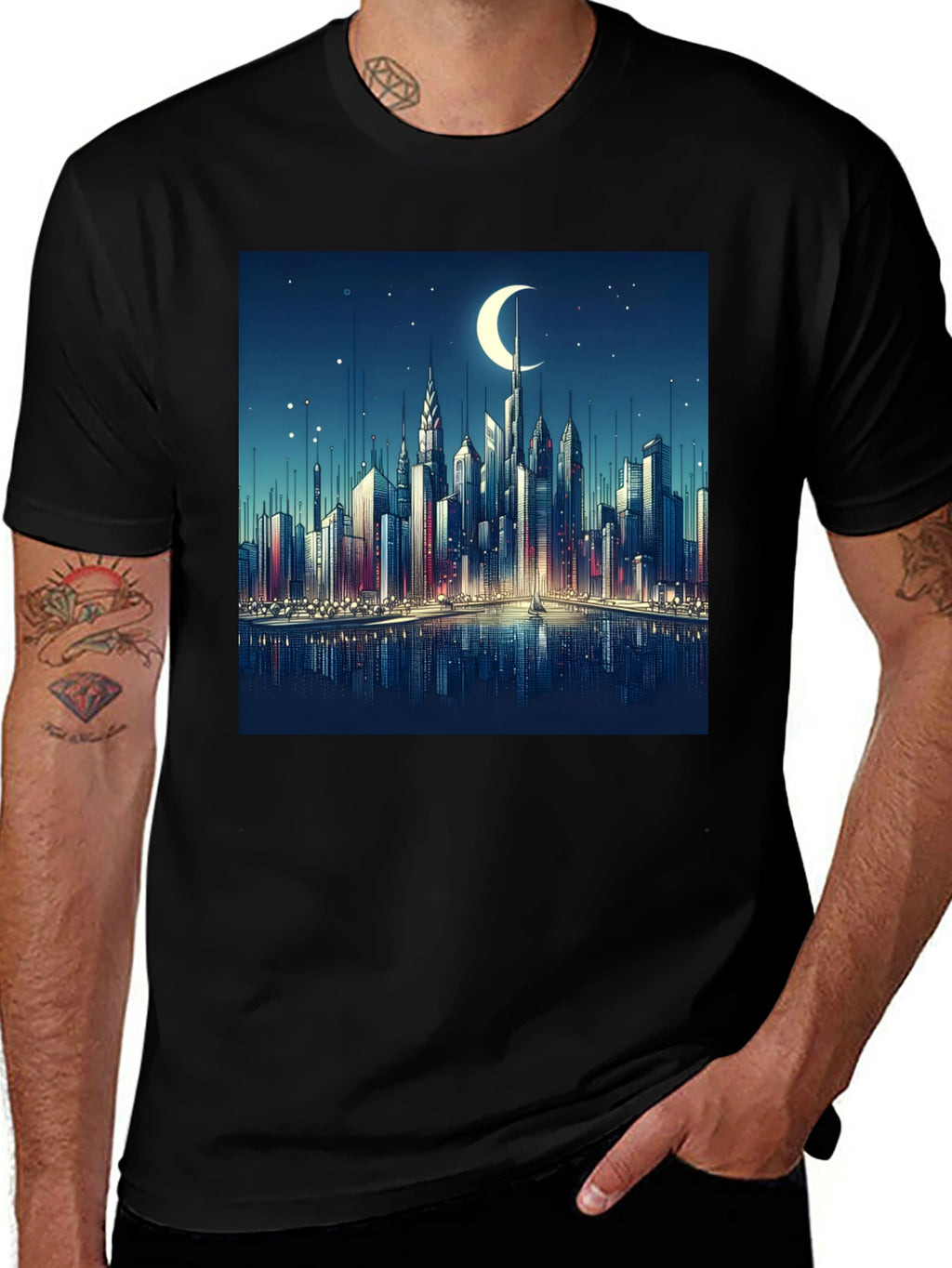 Cityscape Moon Graphic Tee - Black Cotton Casual Shirt