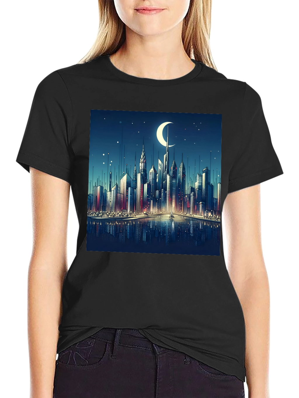 Cityscape Moon Graphic Tee - Black Cotton Casual Shirt