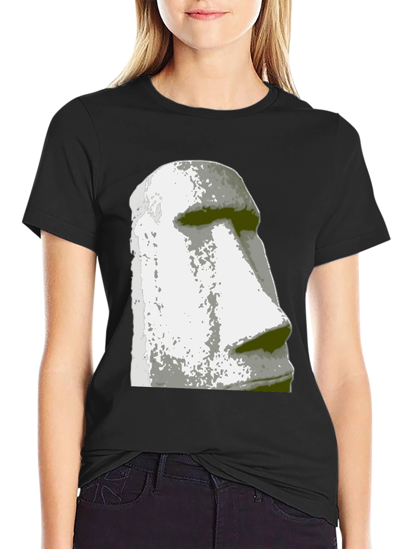 Moai Head Graphic Tee - Black Cotton Casual Shirt