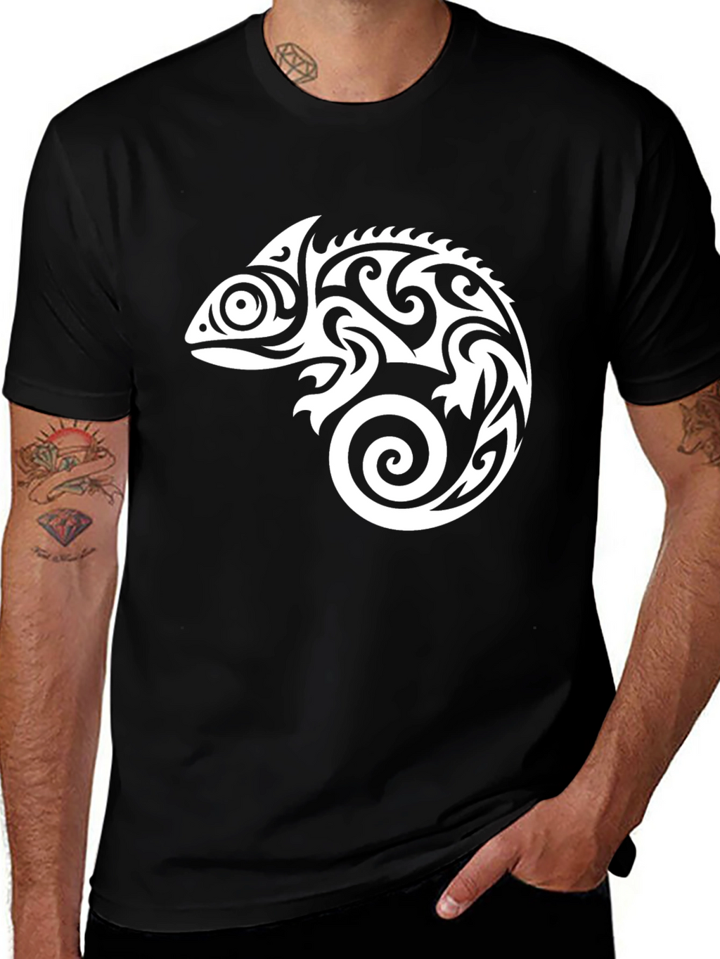 Tribal Chameleon Graphic Tee - Black T-Shirt