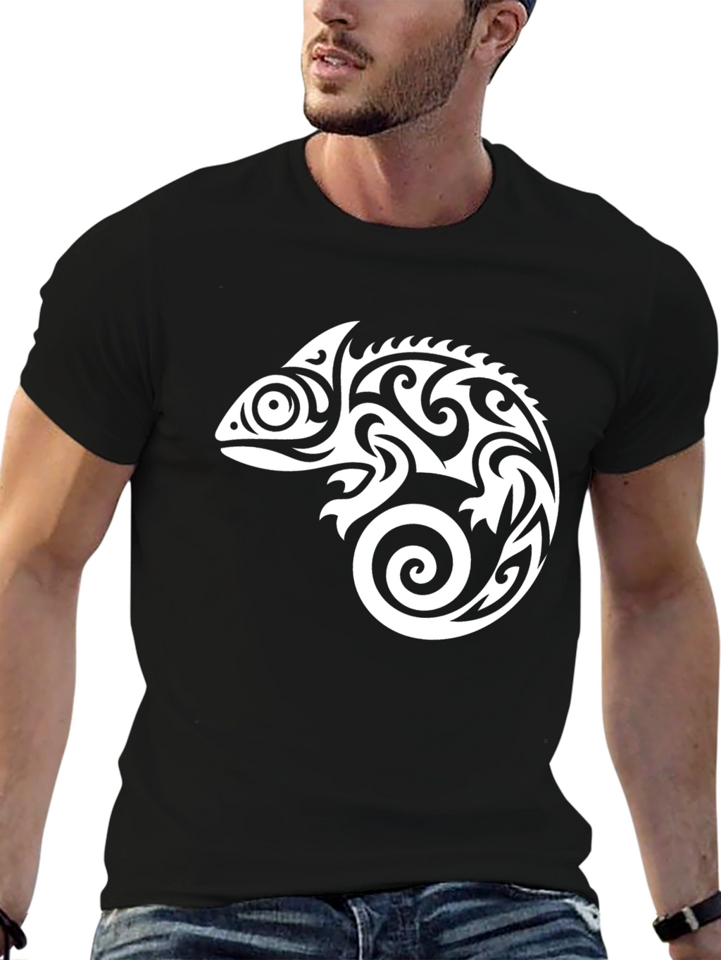 Tribal Chameleon Graphic Tee - Black T-Shirt