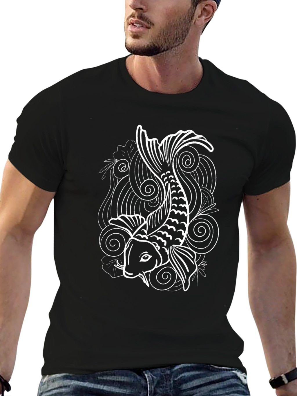 Koi Fish Graphic Tee - Black Cotton T-Shirt