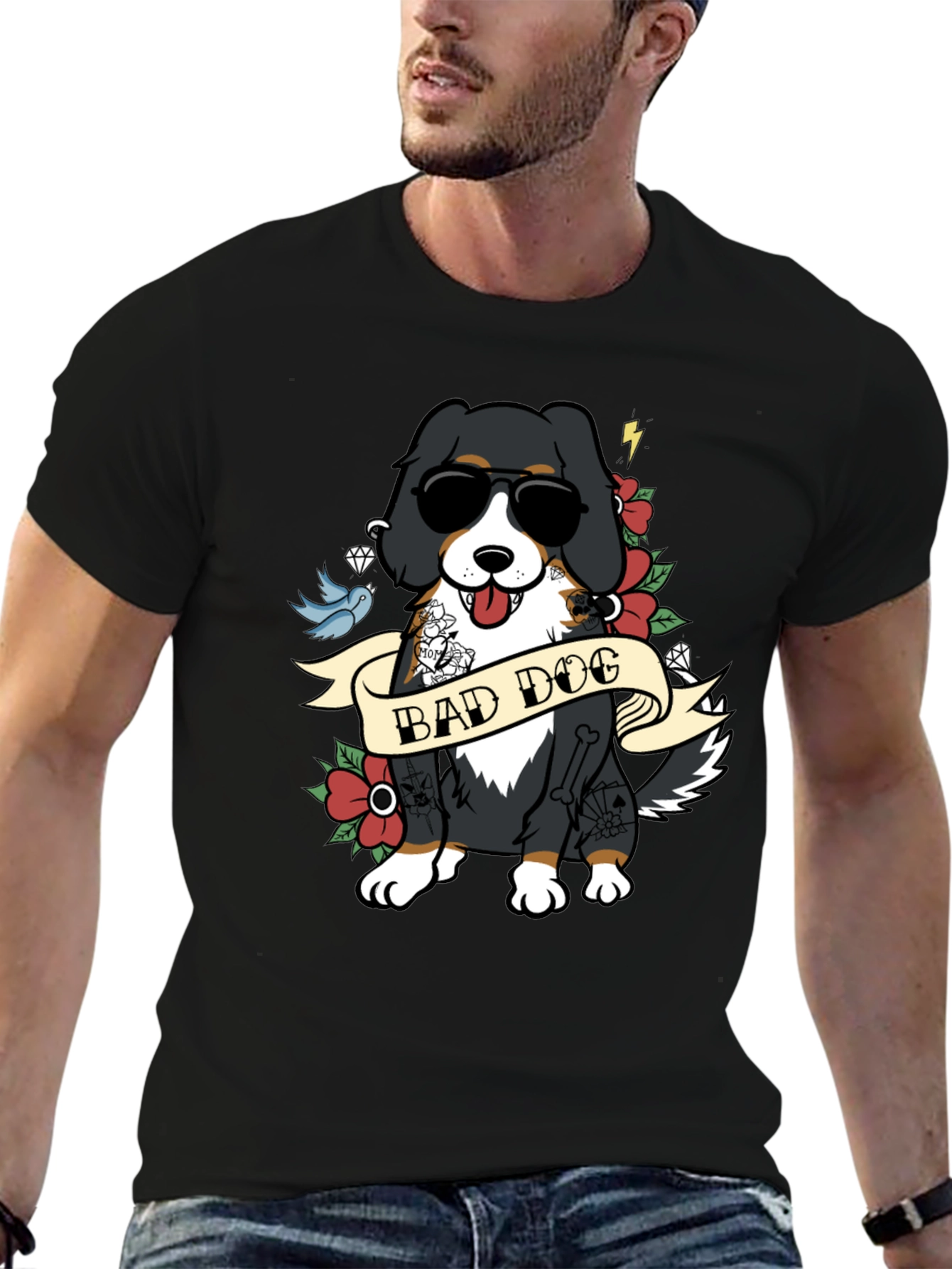 Bad Dog Tattoo Style T-Shirt - Cool Graphic Tee