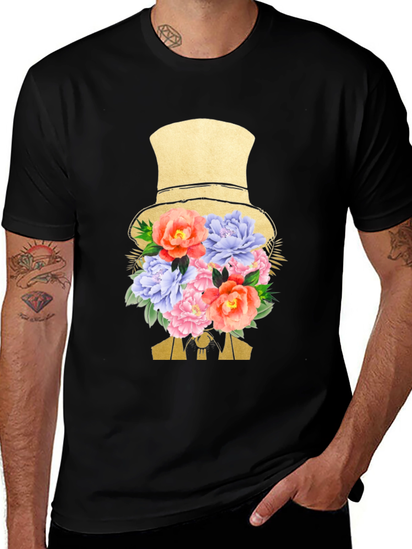 Floral Top Hat Mens T-Shirt - Stylish Graphic Tee