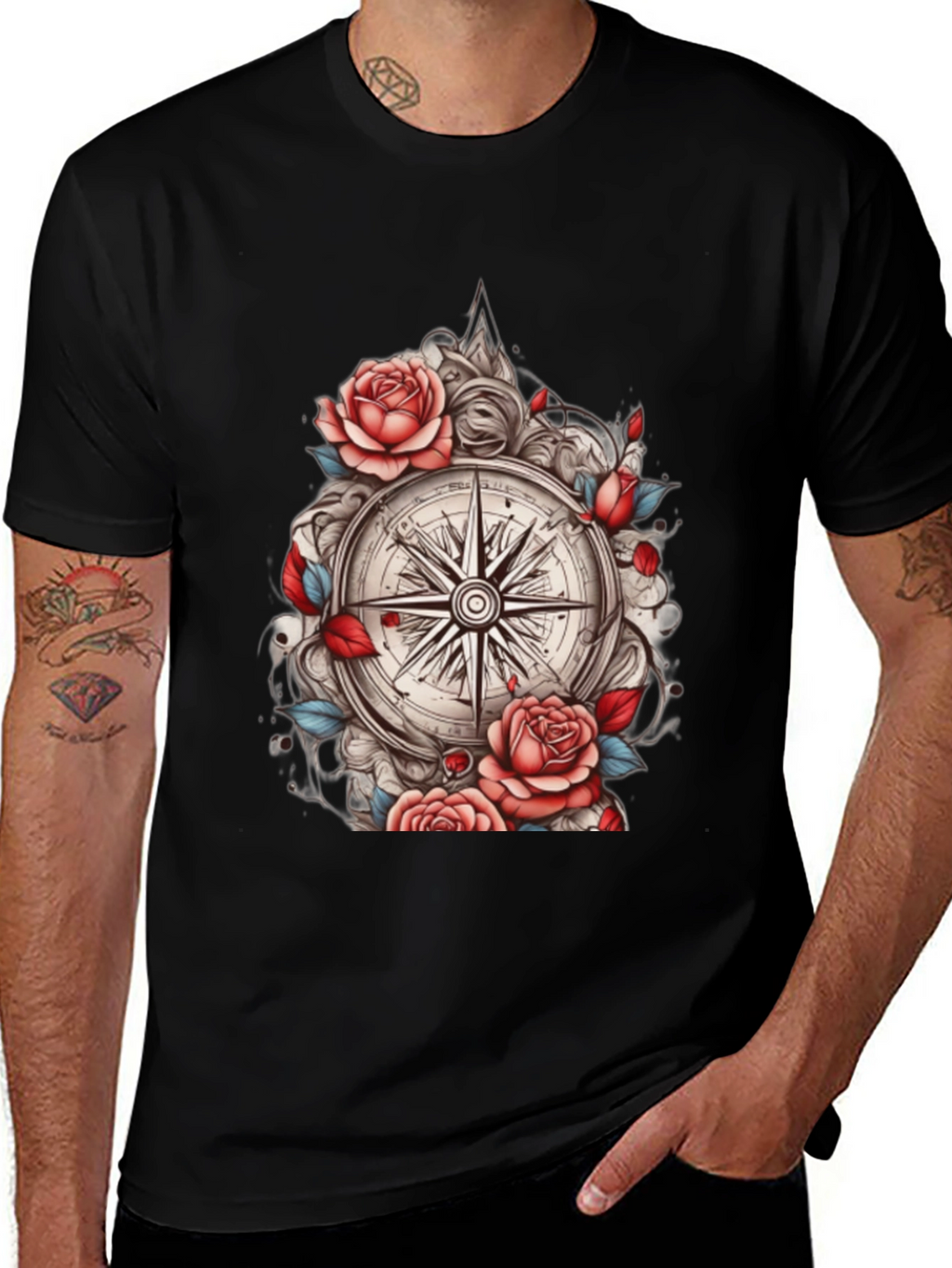Compass Rose Floral Graphic Tee - Black