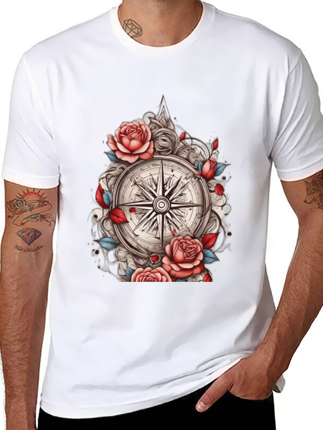 Compass Rose Floral Graphic Tee - Black