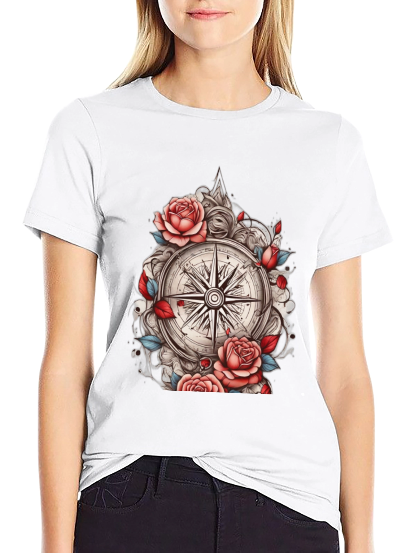 Compass Rose Floral Graphic Tee - Black