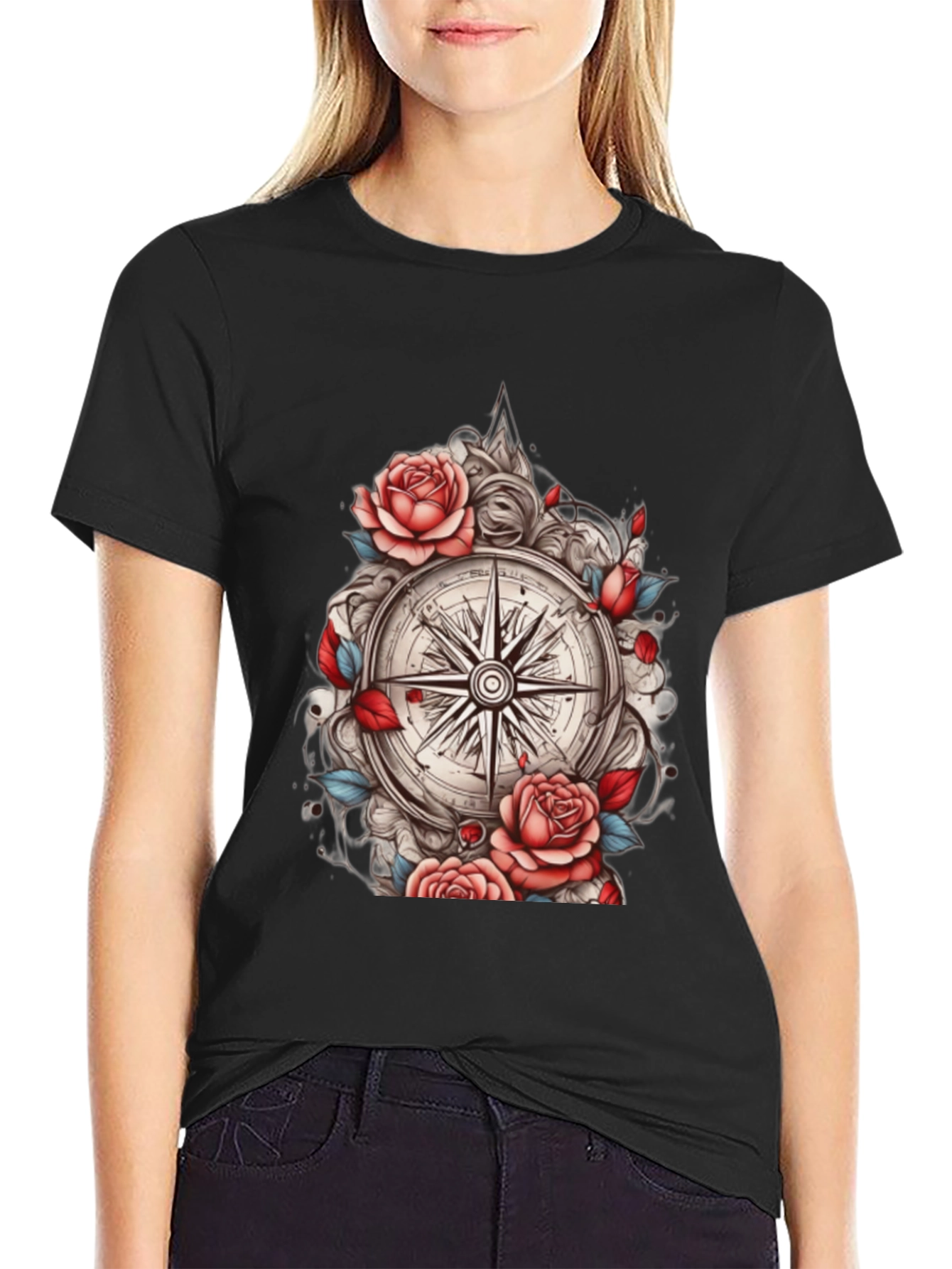 Compass Rose Floral Graphic Tee - Black