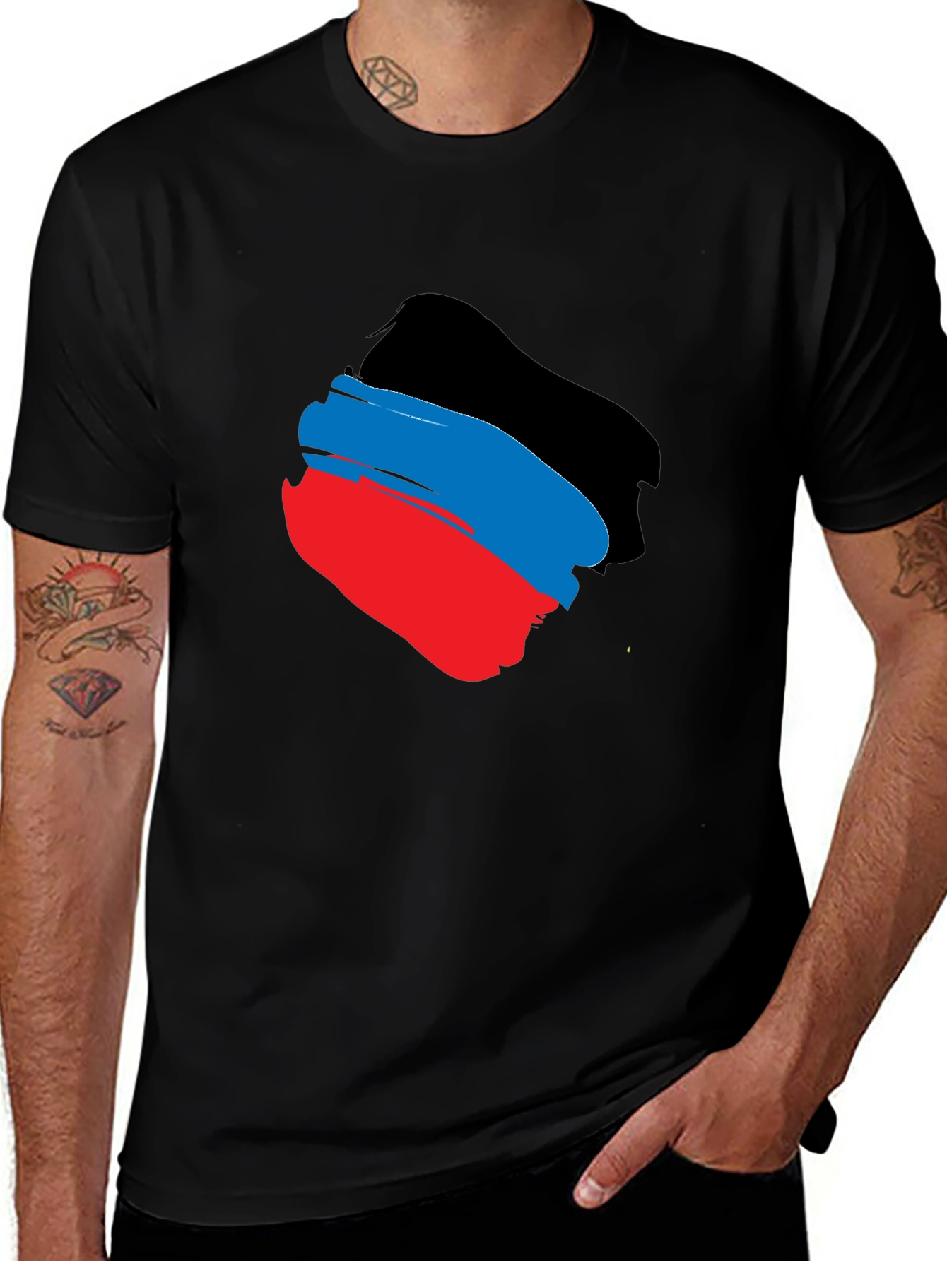 Black T-Shirt with Tricolor Brushstroke Design