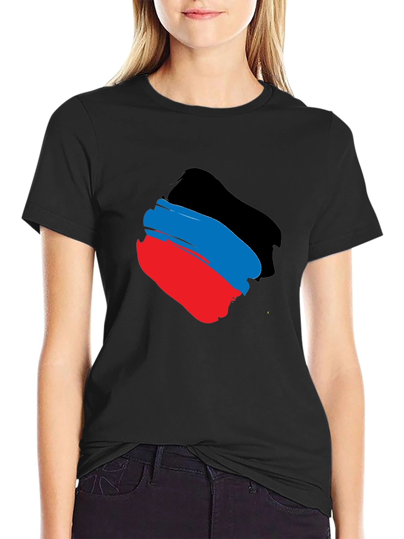 Black T-Shirt with Tricolor Brushstroke Design