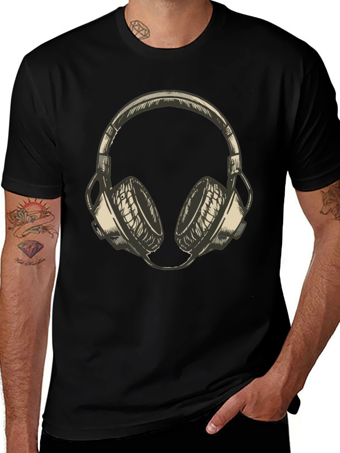 Mens Black T-Shirt with Headphone Graphic