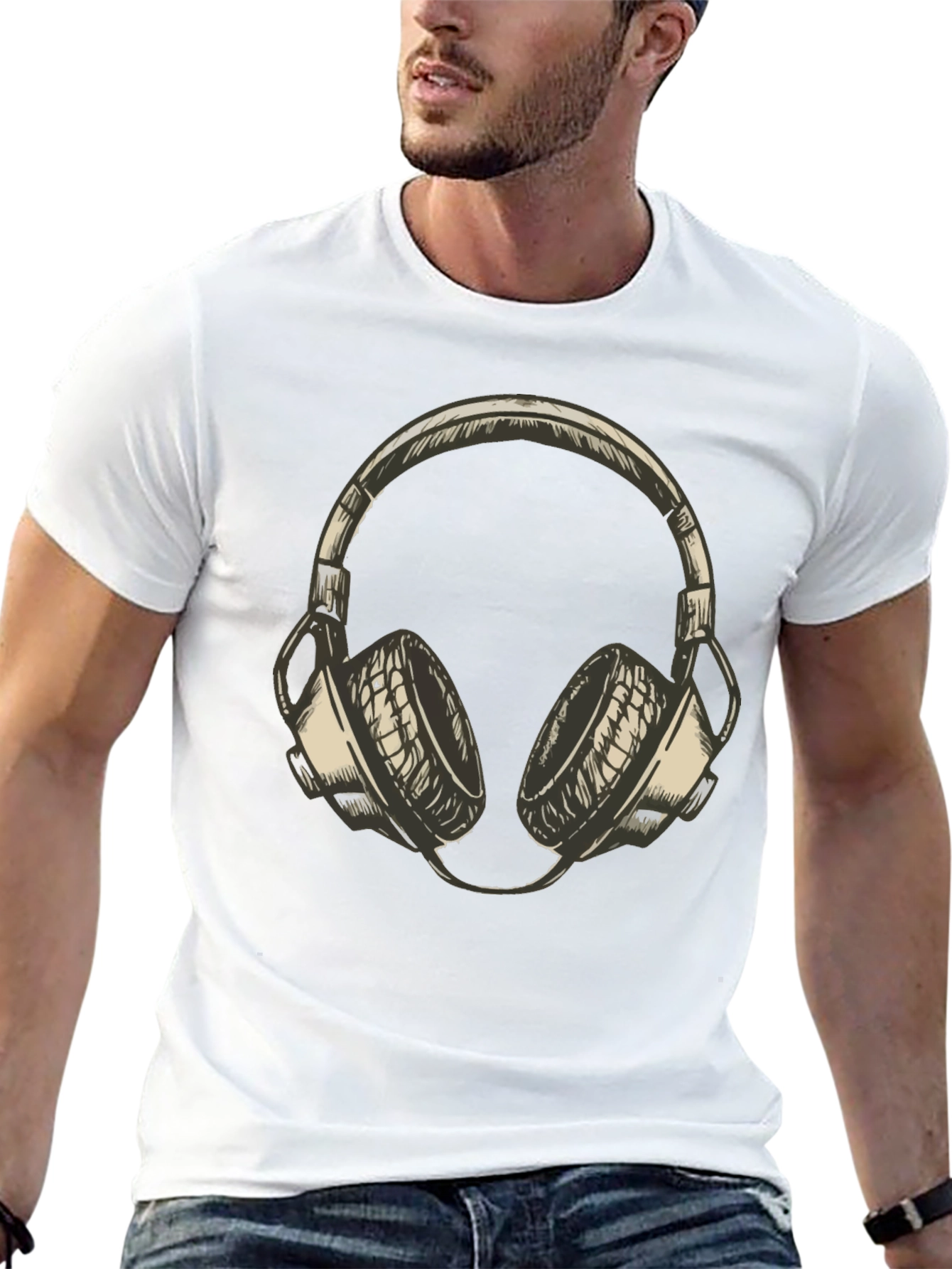 Mens Black T-Shirt with Headphone Graphic