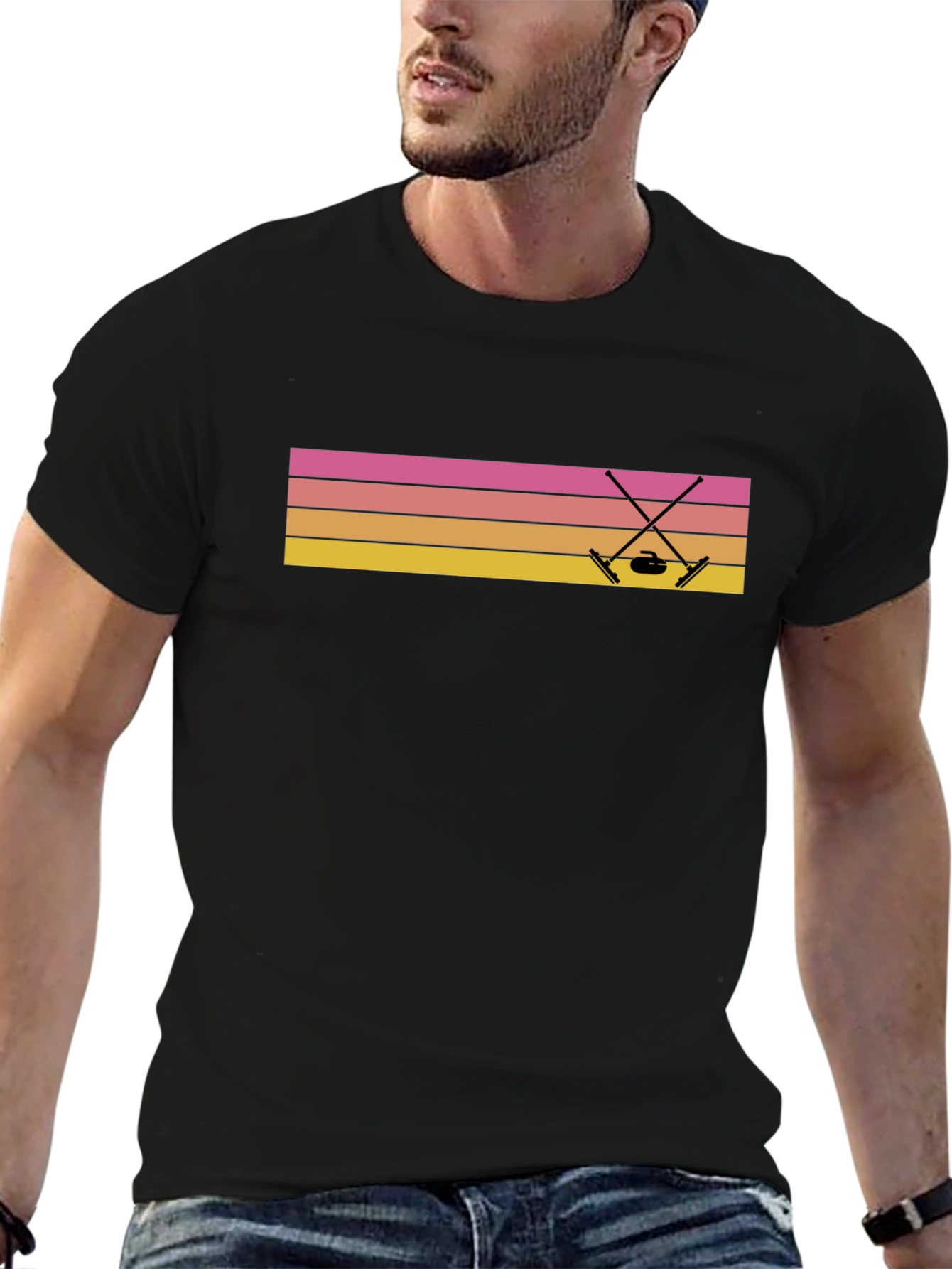 Retro Curling T-Shirt Sunset Design