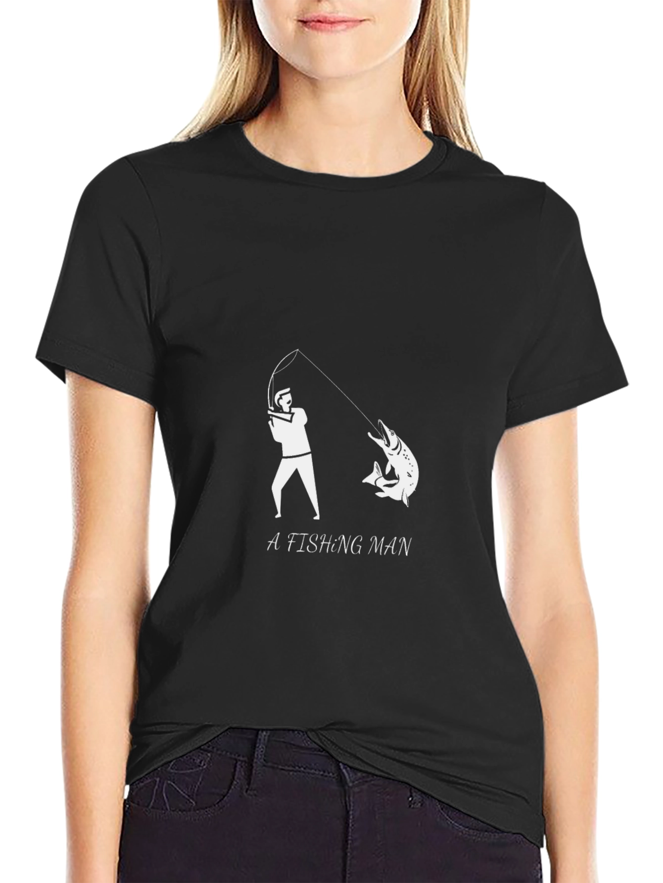 Fishing Man Graphic Tee - Black Cotton
