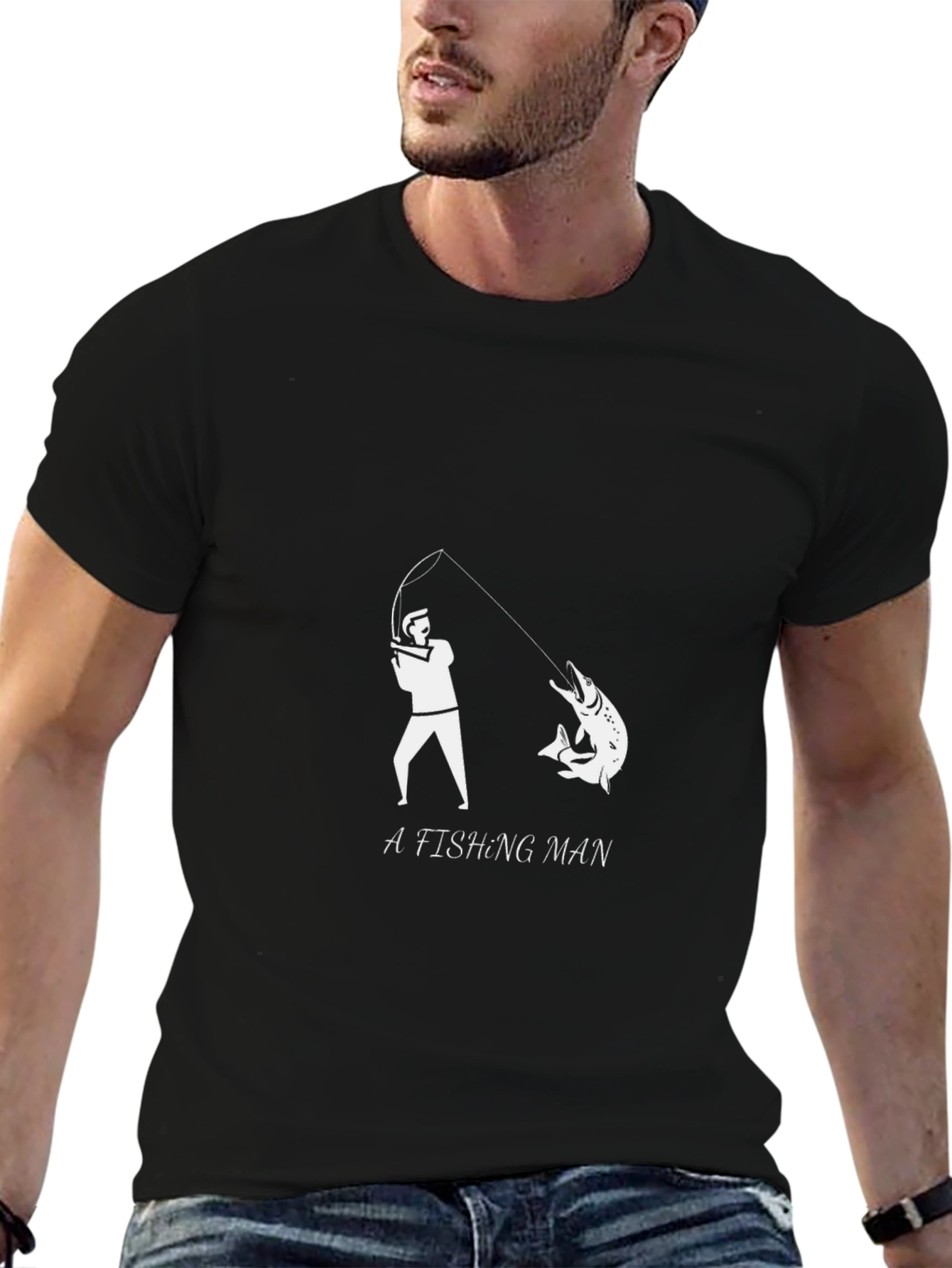 Fishing Man Graphic Tee - Black Cotton