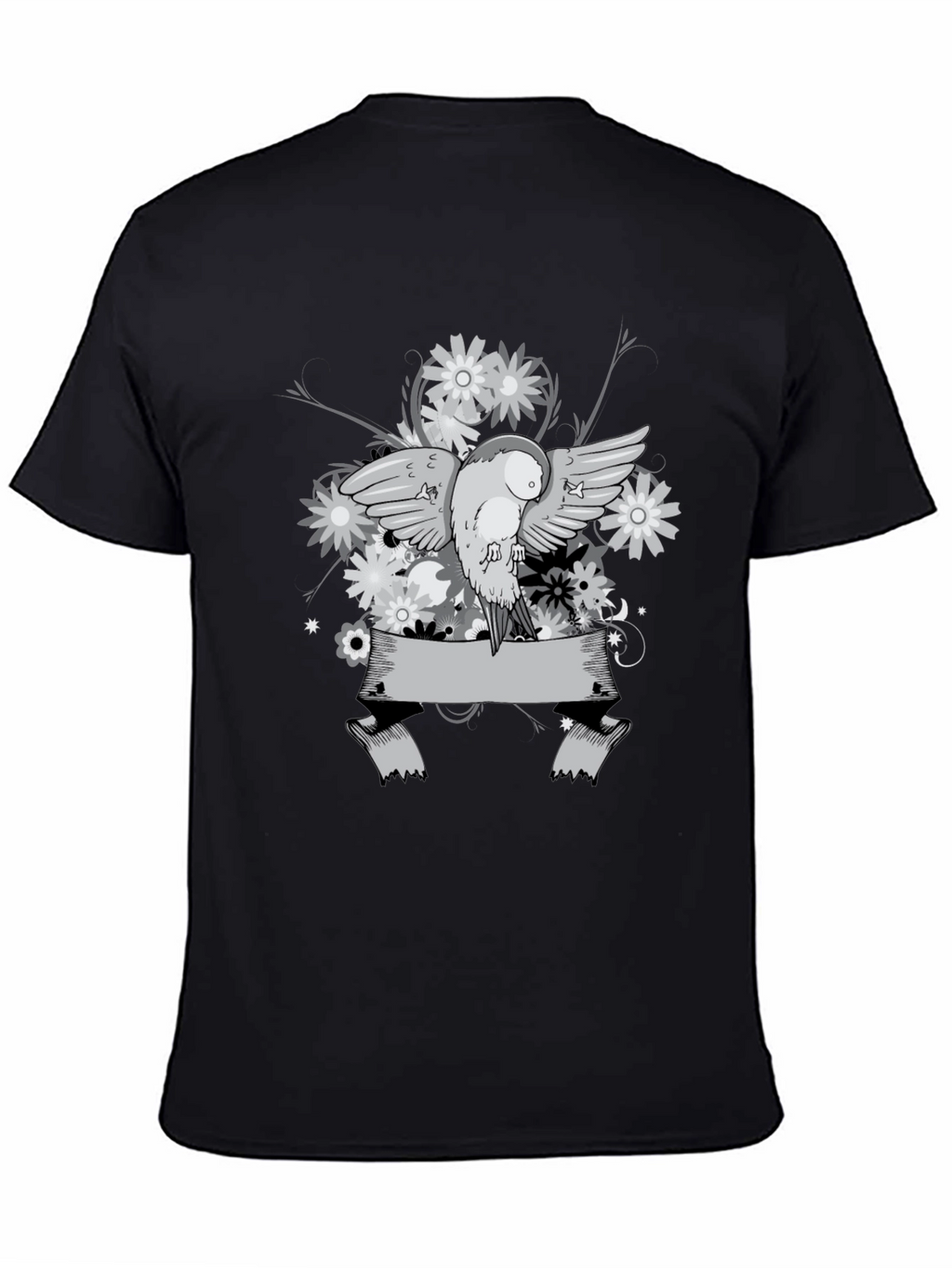 Floral Bird Graphic Tee - Black Cotton