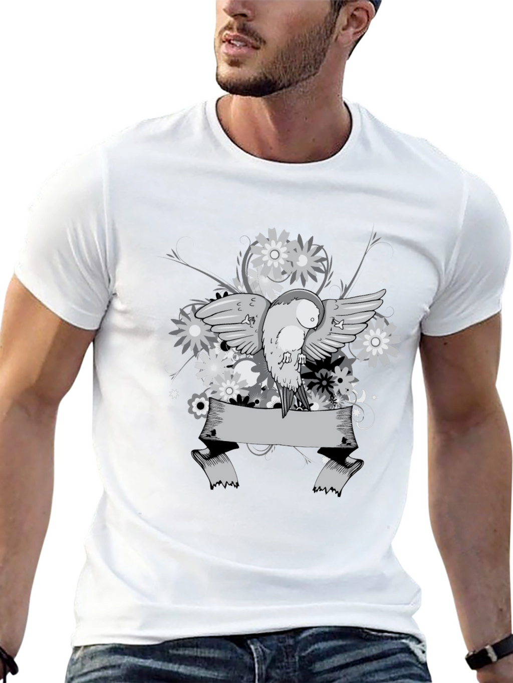 Floral Bird Graphic Tee - Black Cotton