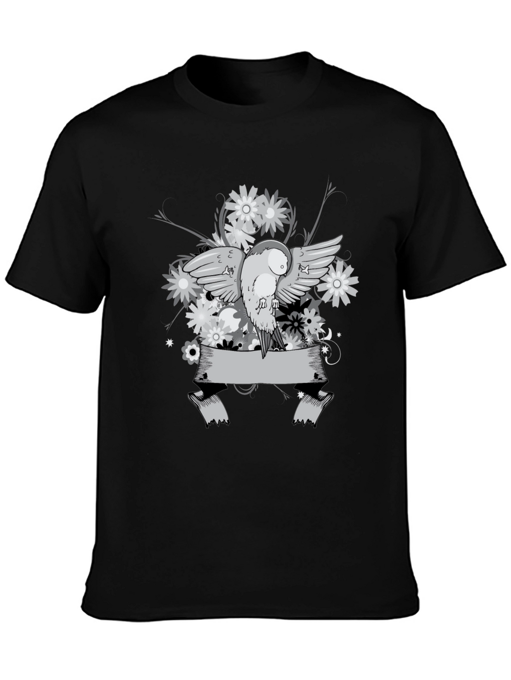 Floral Bird Graphic Tee - Black Cotton