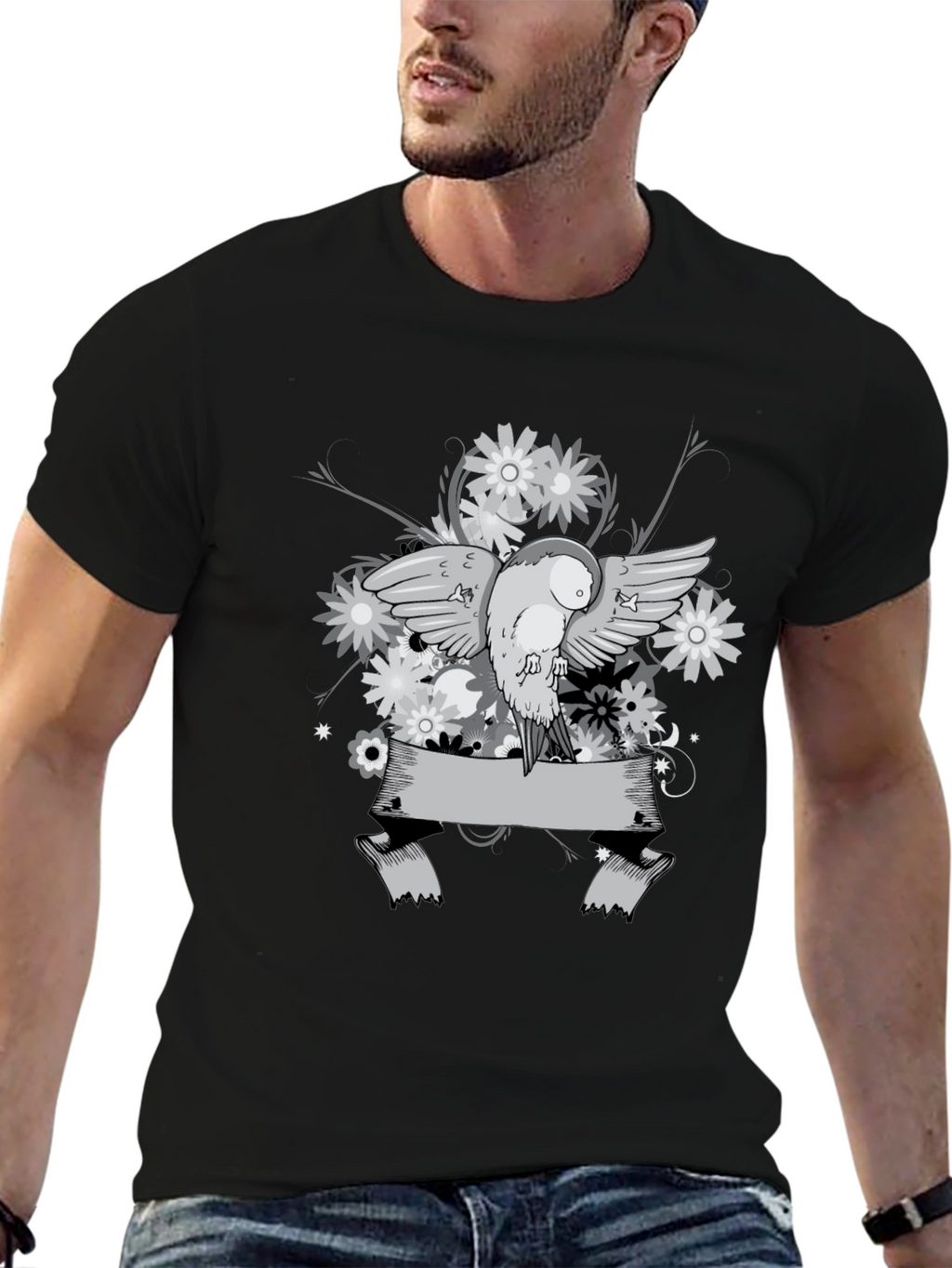 Floral Bird Graphic Tee - Black Cotton