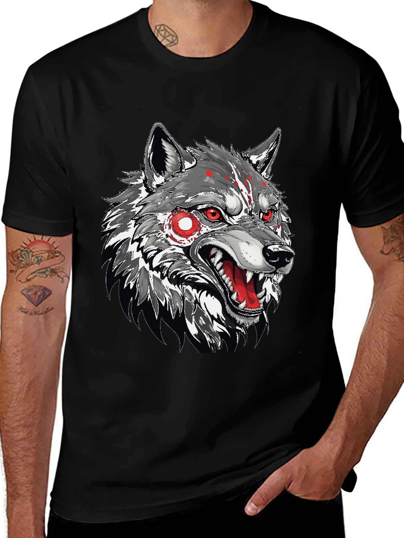 Mens Black T-Shirt with Wolf Graphic