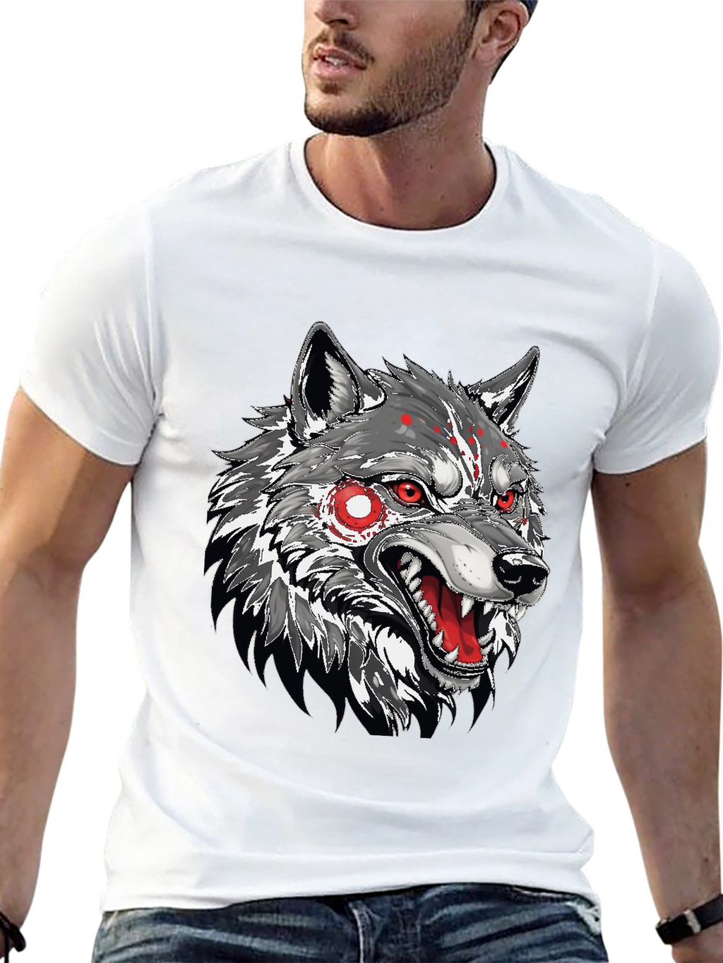 Mens Black T-Shirt with Wolf Graphic