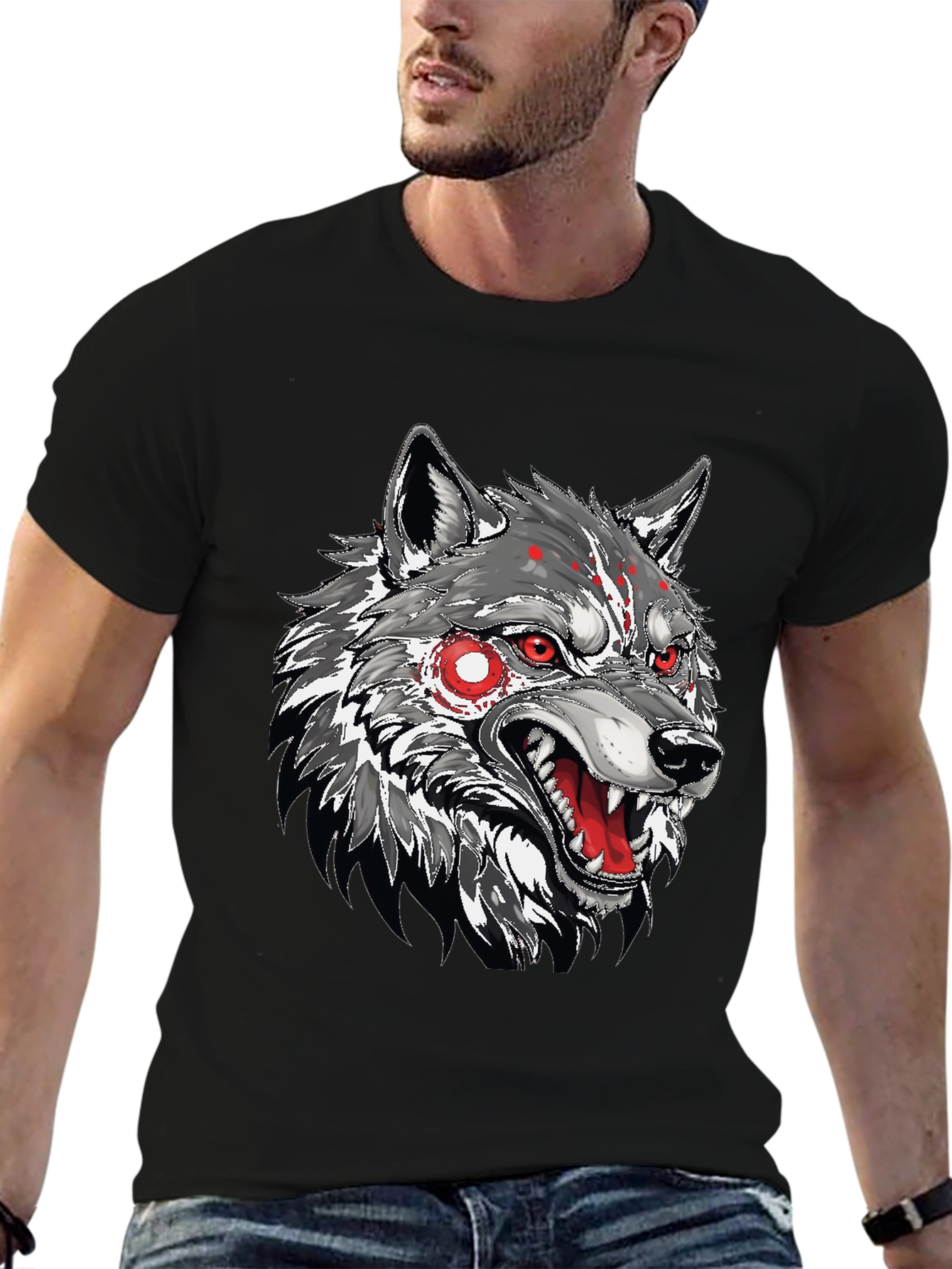 Mens Black T-Shirt with Wolf Graphic