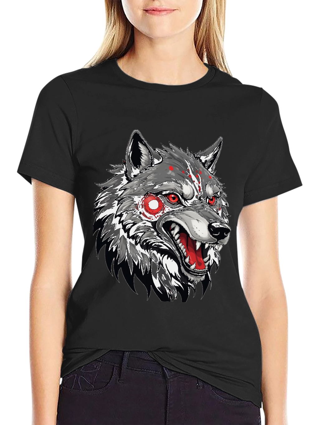 Mens Black T-Shirt with Wolf Graphic