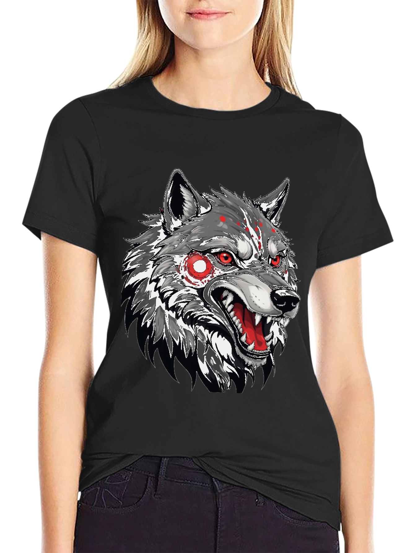 Mens Black T-Shirt with Wolf Graphic