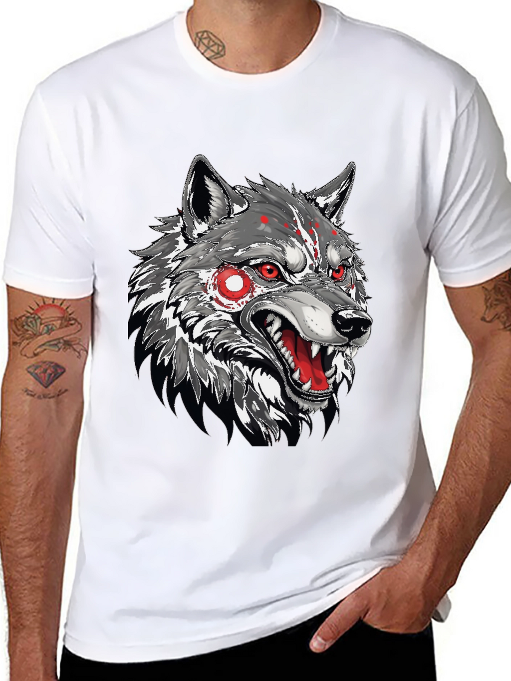 Mens Black T-Shirt with Wolf Graphic