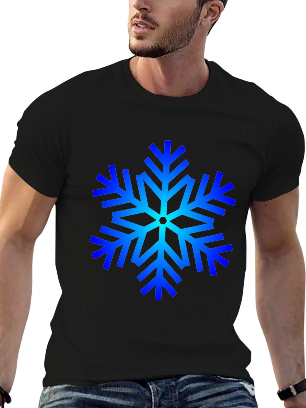 Blue Snowflake Graphic Black T-Shirt