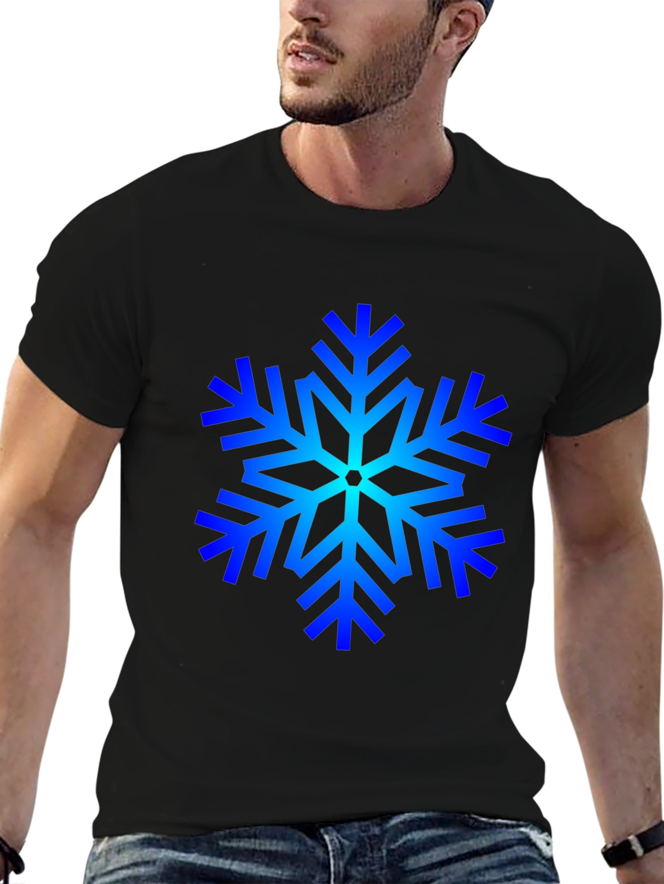 Blue Snowflake Graphic Black T-Shirt