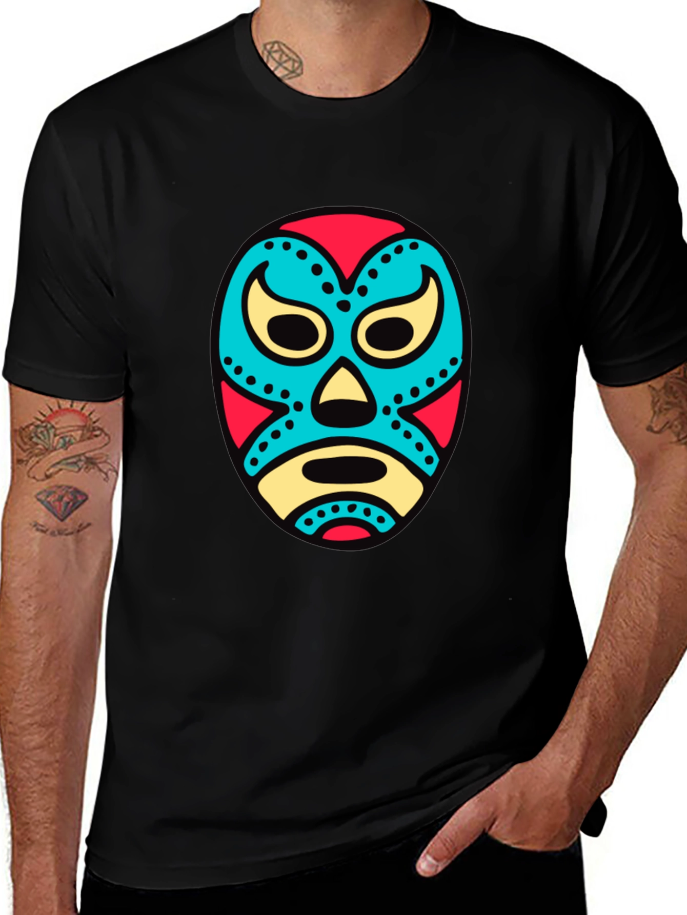 Colorful Lucha Libre Mask Graphic Tee - Black