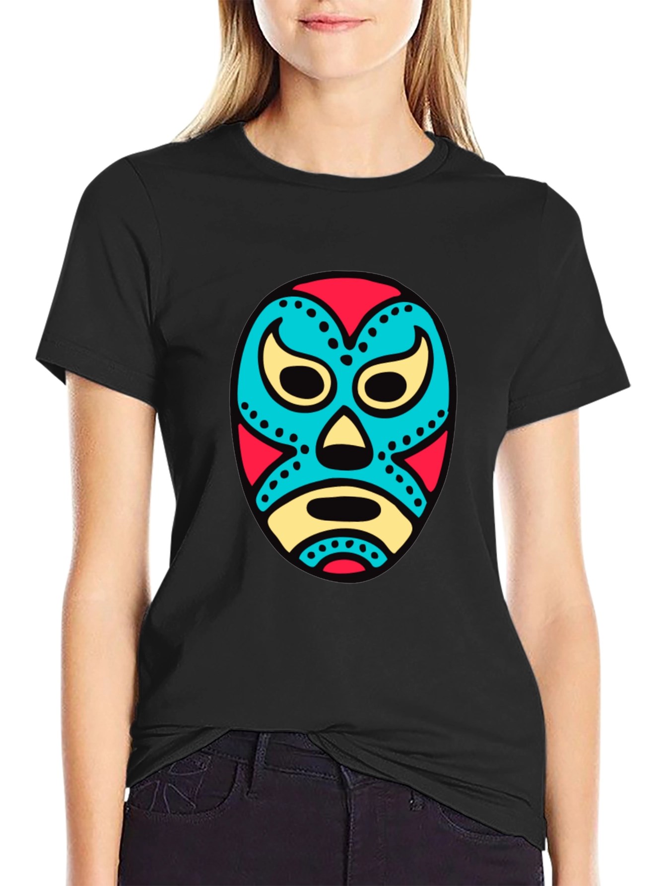 Colorful Lucha Libre Mask Graphic Tee - Black