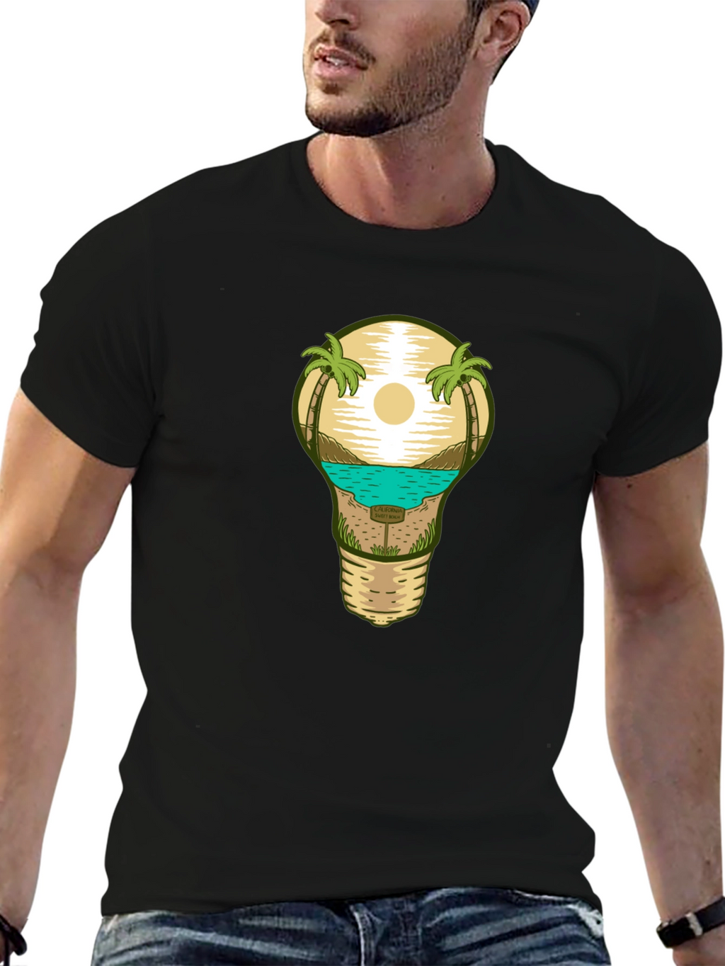 Beach Scene Lightbulb Graphic Tee - Black